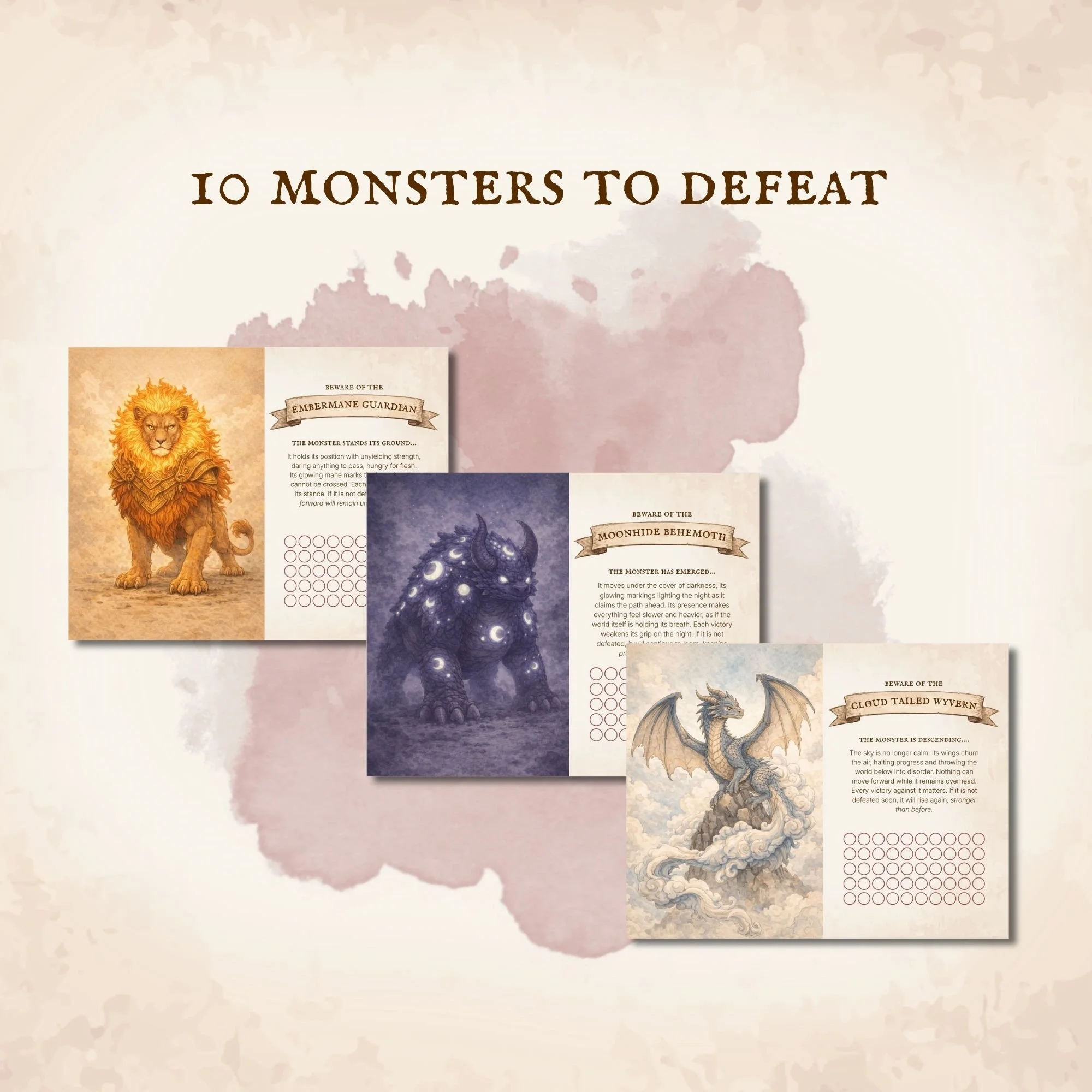 Image with the title '10 Monsters to Defeat' and pictures of four illustrated fantasy monsters, each with a brief description.