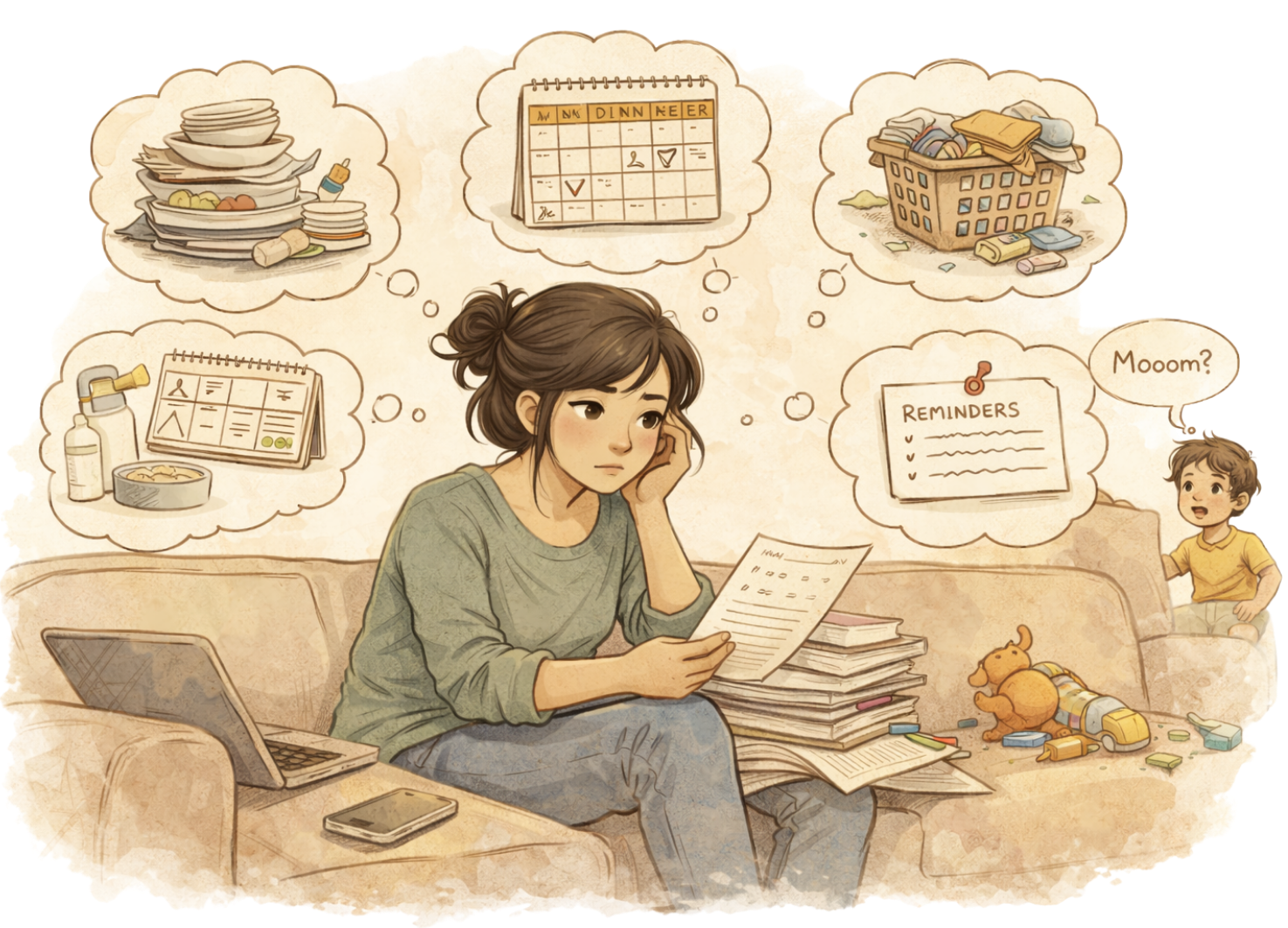 A woman looks distressed while sitting on a couch, holding a list of tasks with several piles of papers and folders around her. Thought bubbles above her head contain reminders about dishes, a calendar, laundry, medicine, and a child's question, "Mooom?" A small boy sits on the armrest of the couch, watching her, with a dog and toys on the floor nearby.
