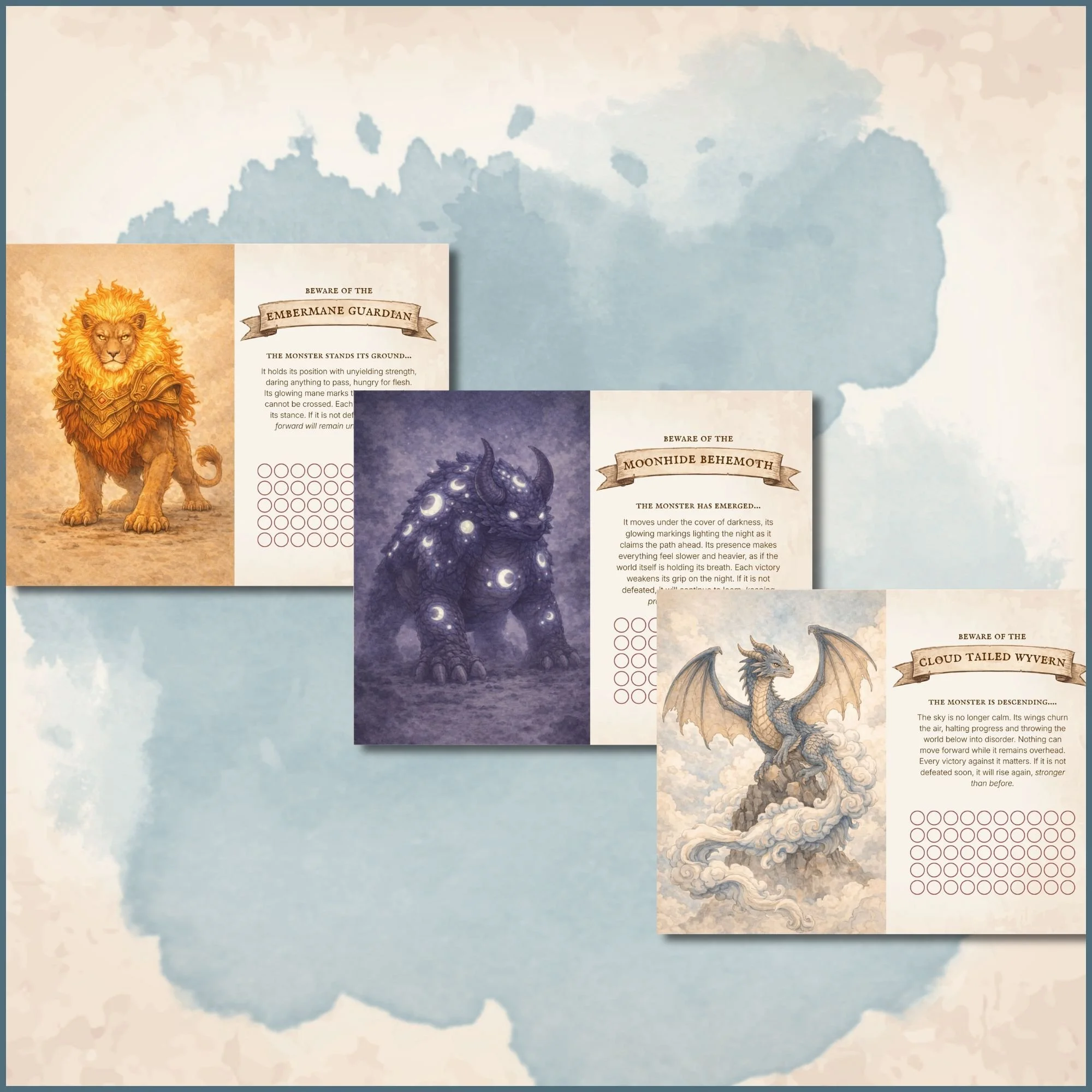 Three illustrated monster cards with descriptive texts and illustrations against a watercolor background. The monsters include a lion-like creature, a starry beast, and a dragon-like creature. for a family meeting
