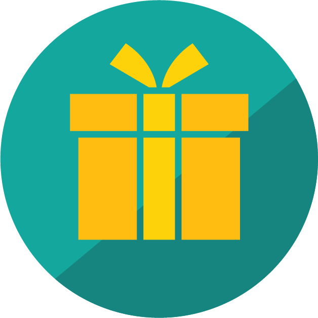 Yellow gift box with ribbon and bow on teal circular background.
