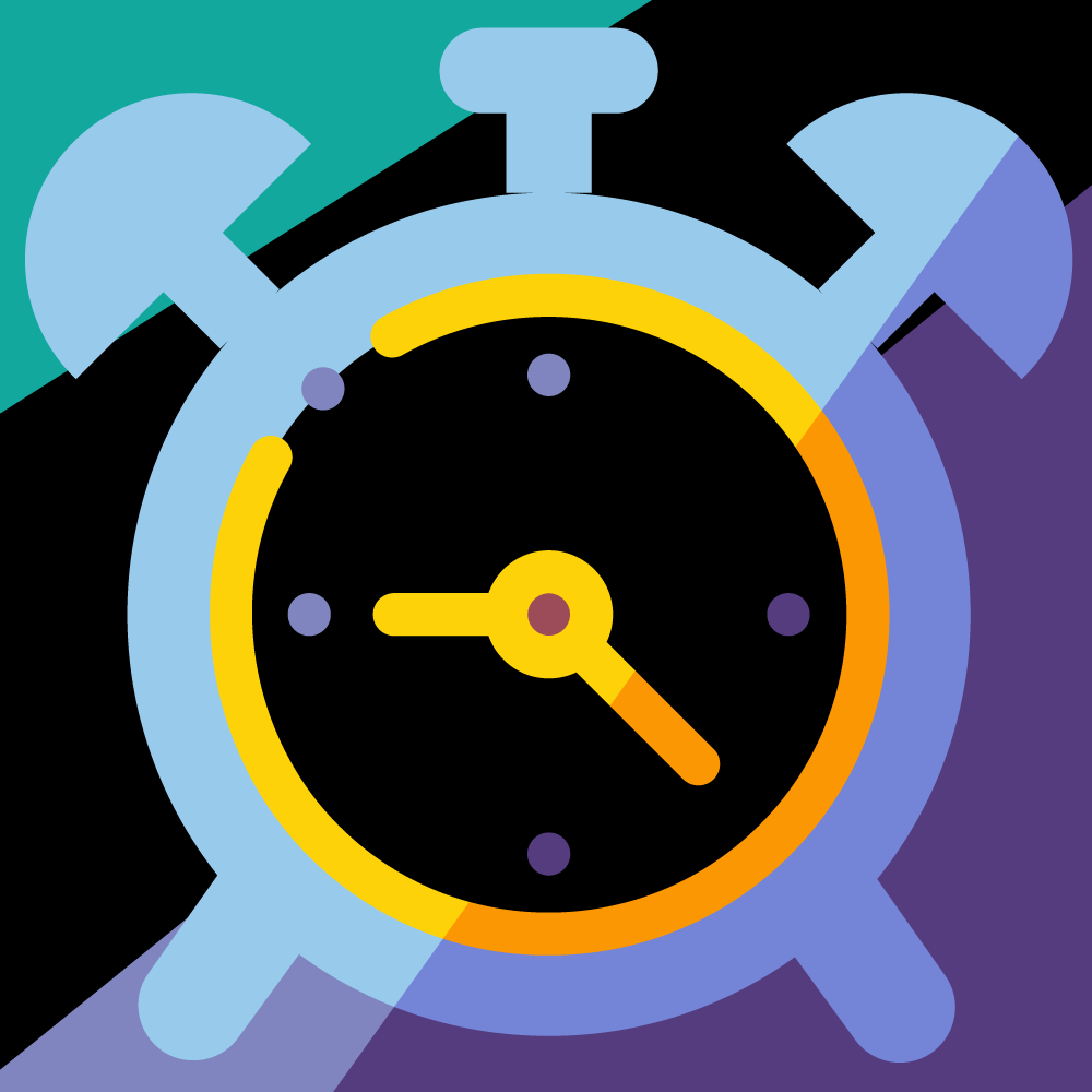 Illustration of a stopwatch with a black face, yellow and orange accents, and purple and light blue markings, set against a colorful abstract background.