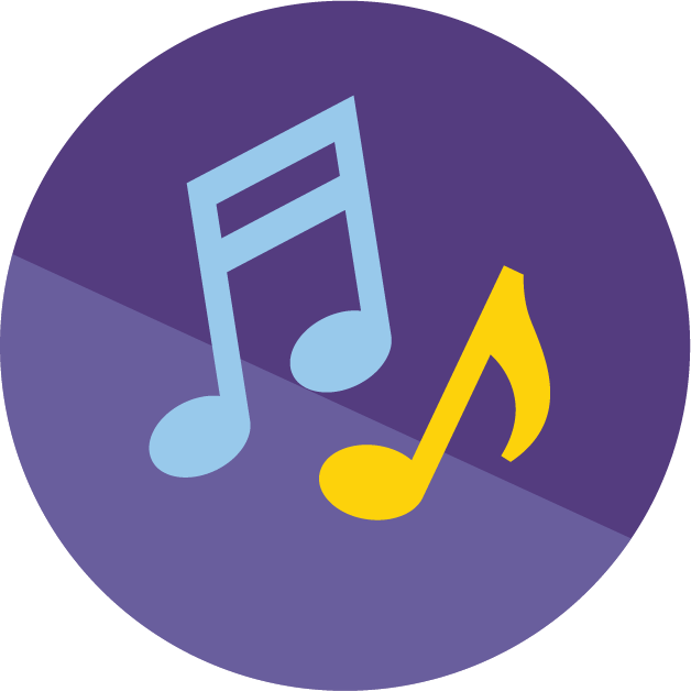 Icon with two musical notes, one blue and one yellow, on a purple circular background.