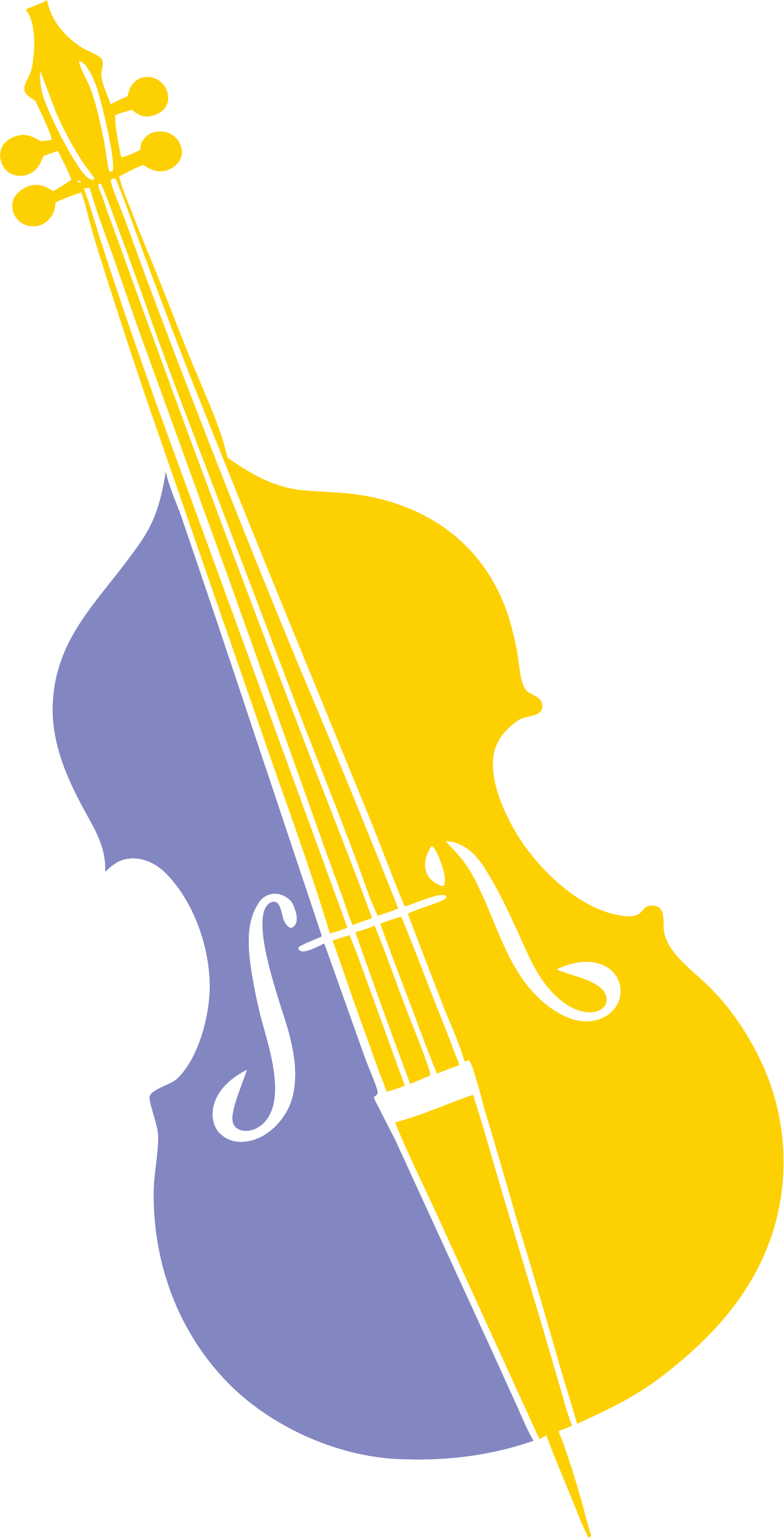 A graphic illustration of a violin with a decorative, stylized design in yellow and purple colors.