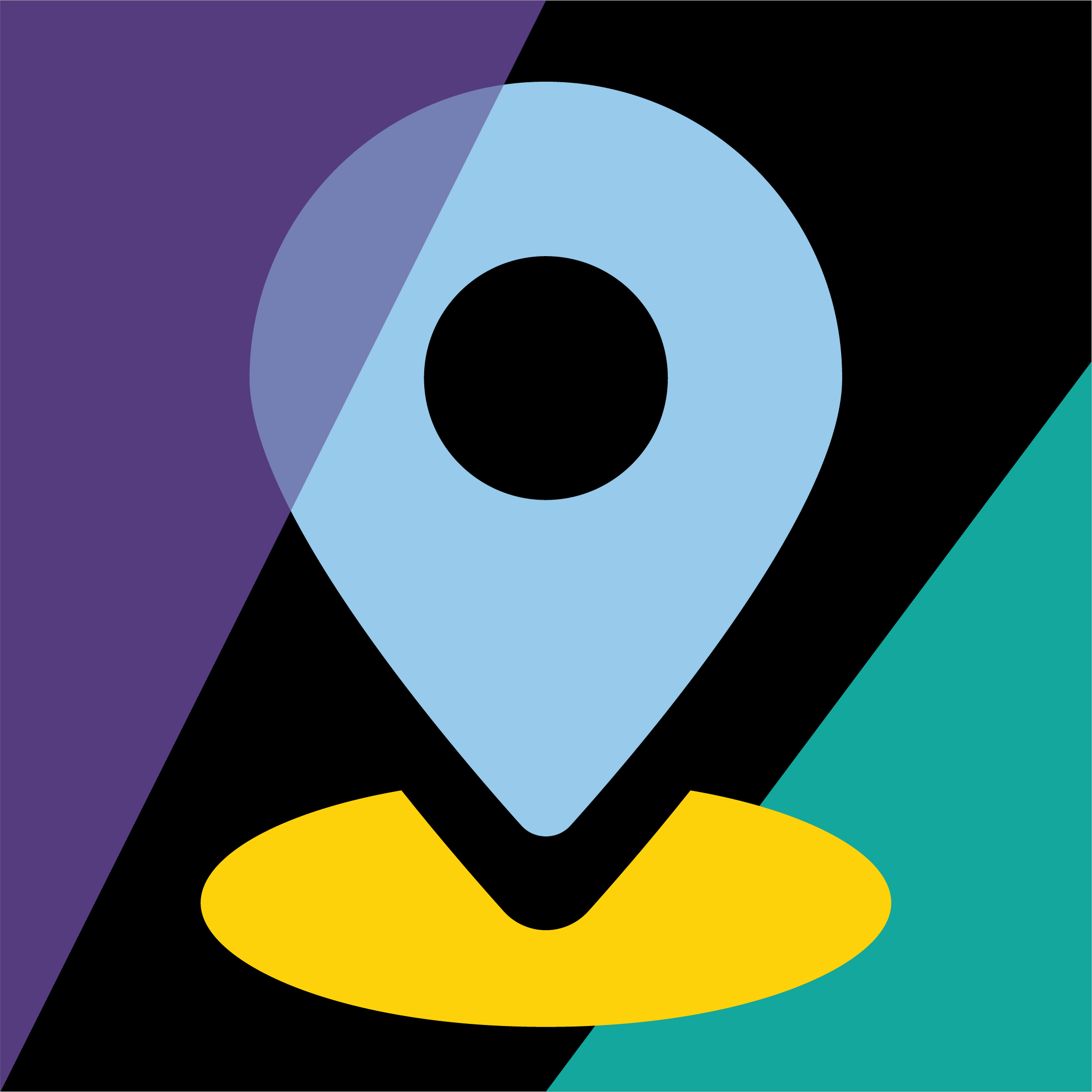 Abstract digital illustration of a person with a blue location pin as a face, a yellow oval neck, set against purple, black, and teal geometric backgrounds.