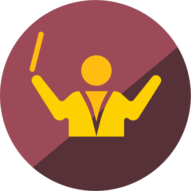 Icon of a person in a suit holding a pointer and a flower, with a dark shadow behind, on a circular background.