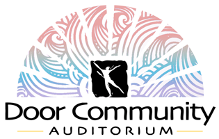 Logo for Door Community Auditorium featuring stylized colorful abstract design and black door icon with text.