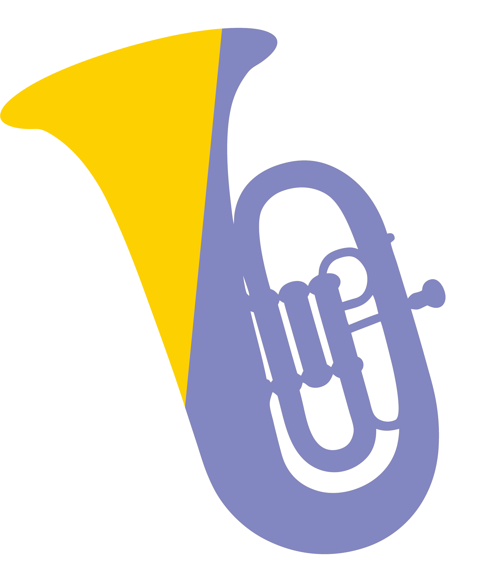 A stylized musical instrument, specifically a trumpet, with a blue body and yellow bell.