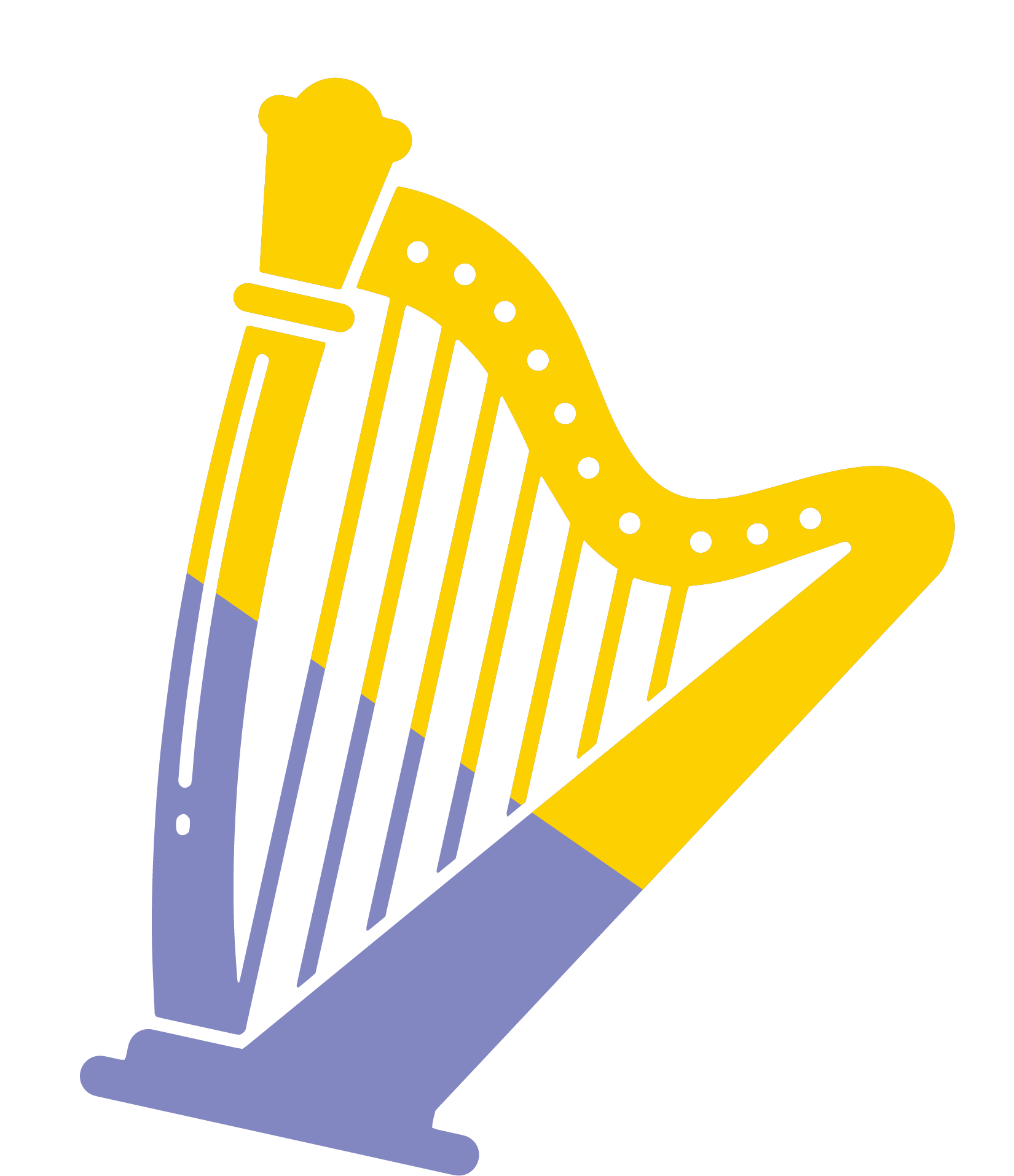 Stylized illustration of a harp with yellow and purple colors on a black background.