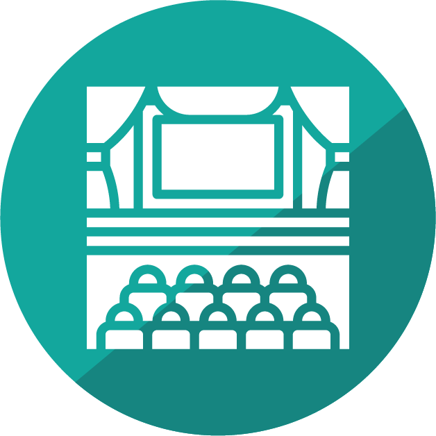 Icon of a person in a suit holding a pointer and a flower, with a dark shadow behind, on a circular background.