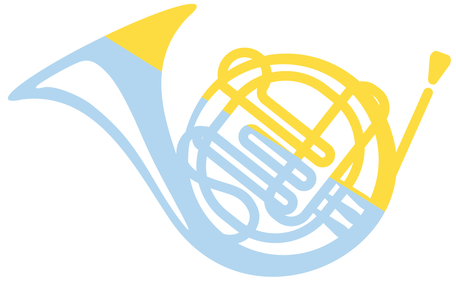 A colorful graphic of a French horn with the words "Jazz Fest" incorporated into its design, featuring shades of blue, yellow, and black.