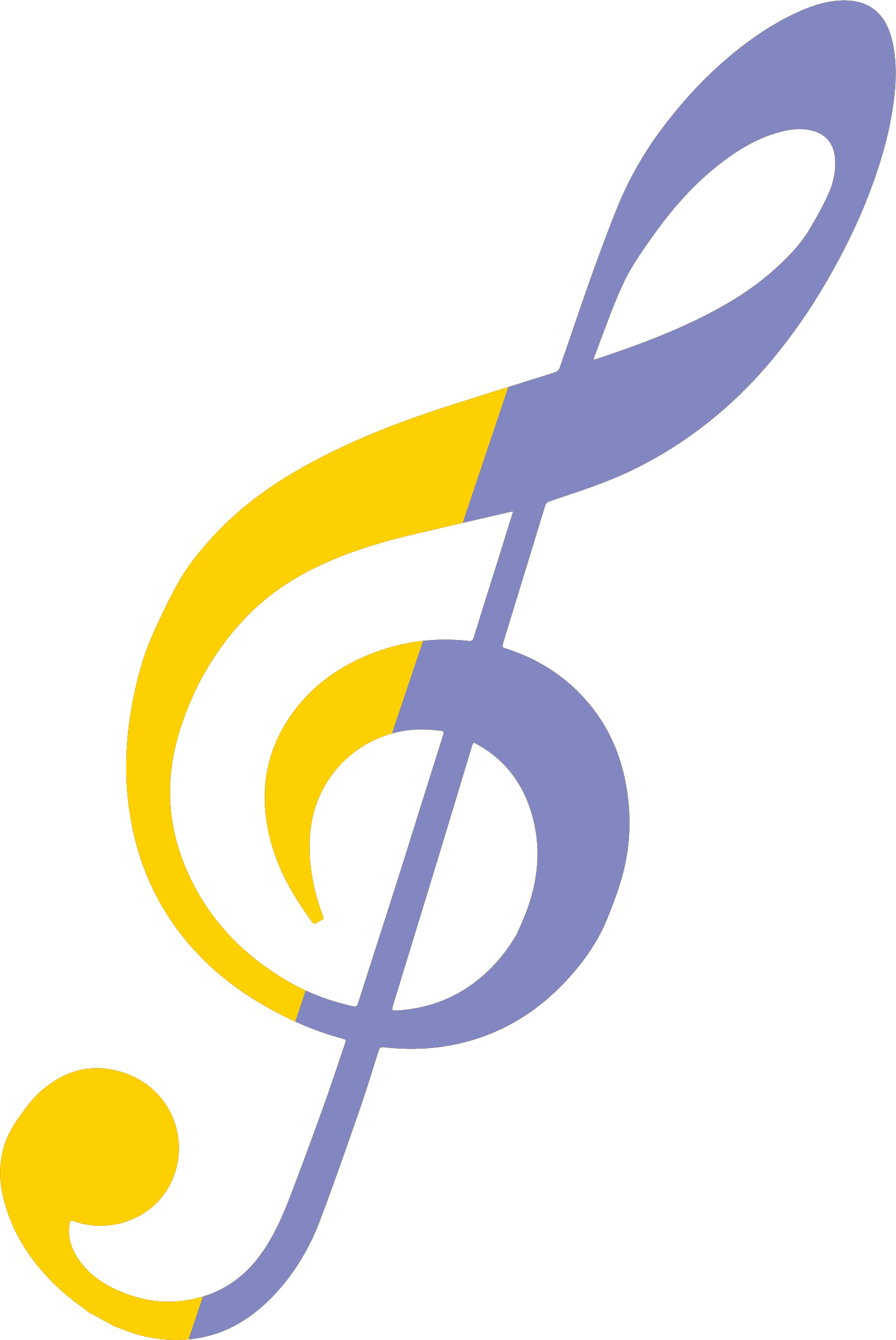 A musical note combining a yellow treble clef and a purple eighth note on a black background.