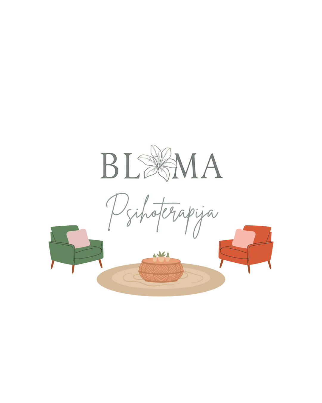Living room with green and orange chairs, a round coffee table, a wall sign spelling 'BLOMA' with a flower, and a rug.