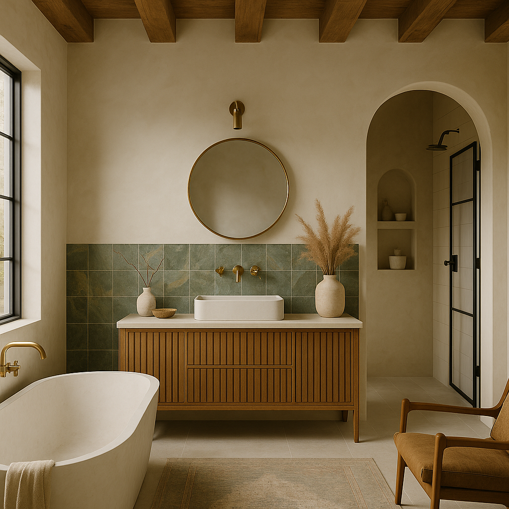 A bathroom with a freestanding bathtub, a wooden vanity with a white sink, a round mirror, decorative vases with dried plants, and a shower area enclosed with glass and a black metal frame.