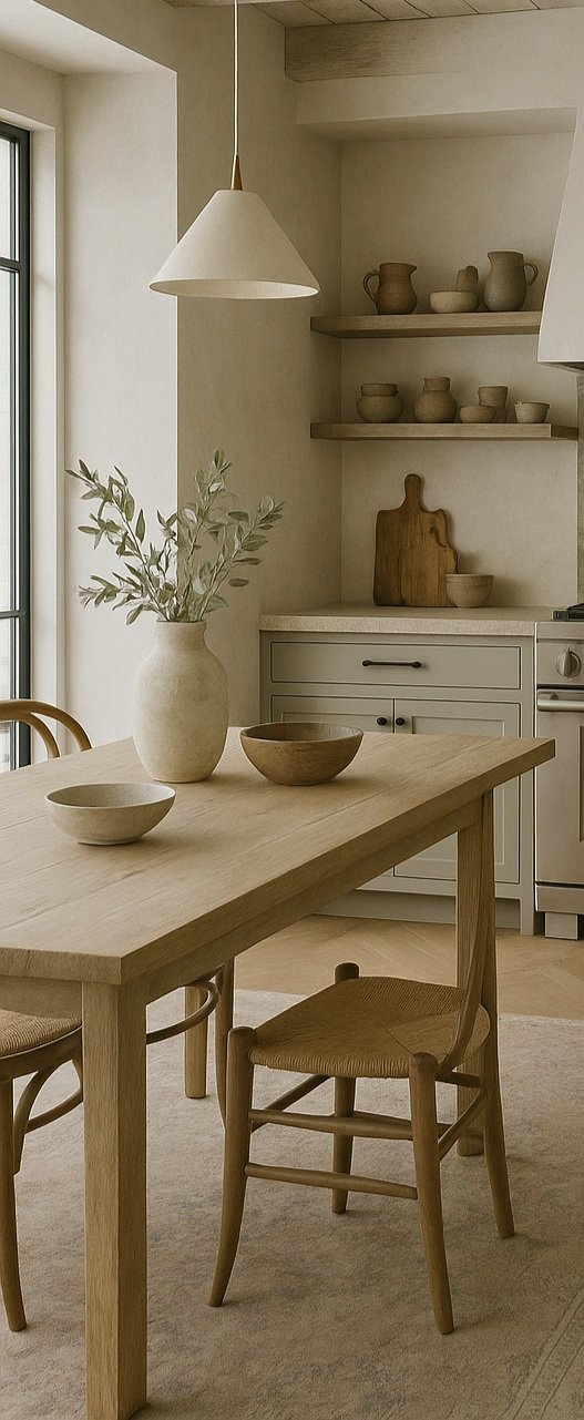 A minimalist kitchen with a wooden dining table, woven chairs, a vase with greenery, wooden bowls, open shelves with pottery, and a white countertop with a cutting board.