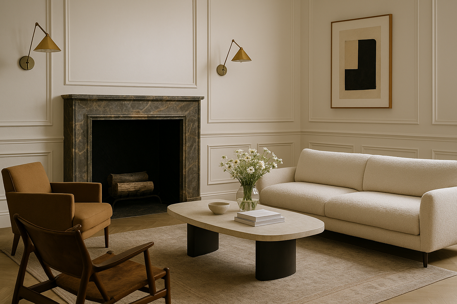 Living room with a beige sofa, two wooden chairs, a black and white framed abstract art on the wall, a gray marble fireplace with logs, a vase of flowers, a bowl, and books on a round coffee table.