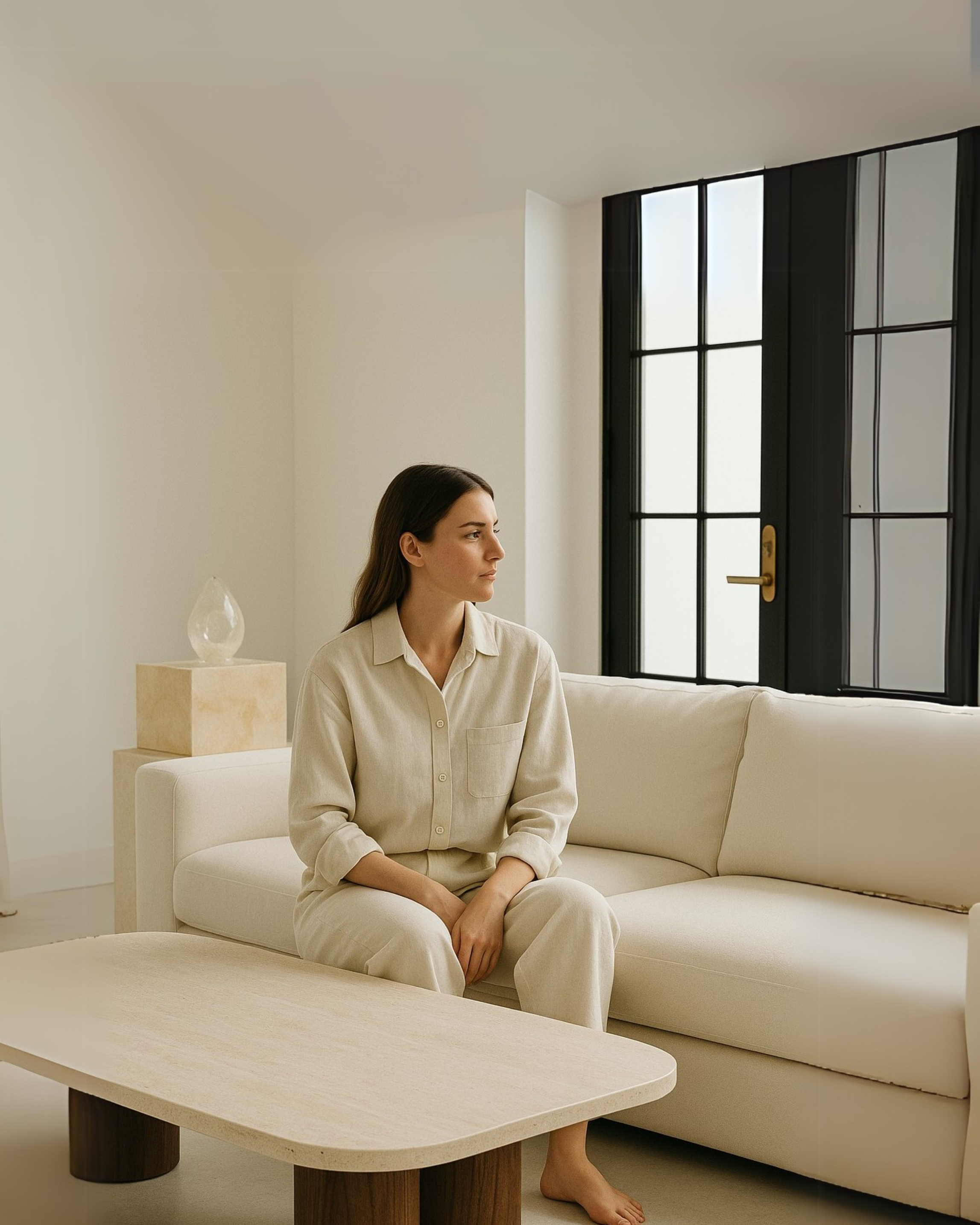 A woman sitting on a cream-colored sofa in a minimalistic, bright living room with black window frames and a small beige side table with a decorative glass object.