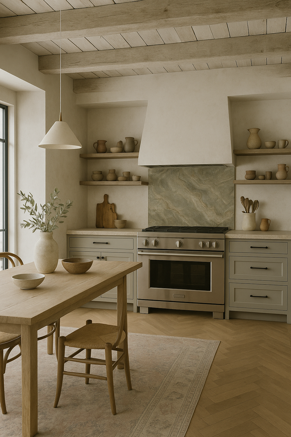 A minimalist kitchen with light wooden beams, cream-colored walls, open shelves with pottery, a stainless steel oven, a wooden dining table with chairs, and a large window with natural light.