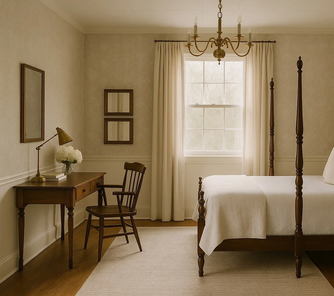 A bedroom with a four-poster bed, a wooden desk with a desk lamp and flowers, a wooden chair, and a window with cream curtains, chandelier, and framed mirrors.