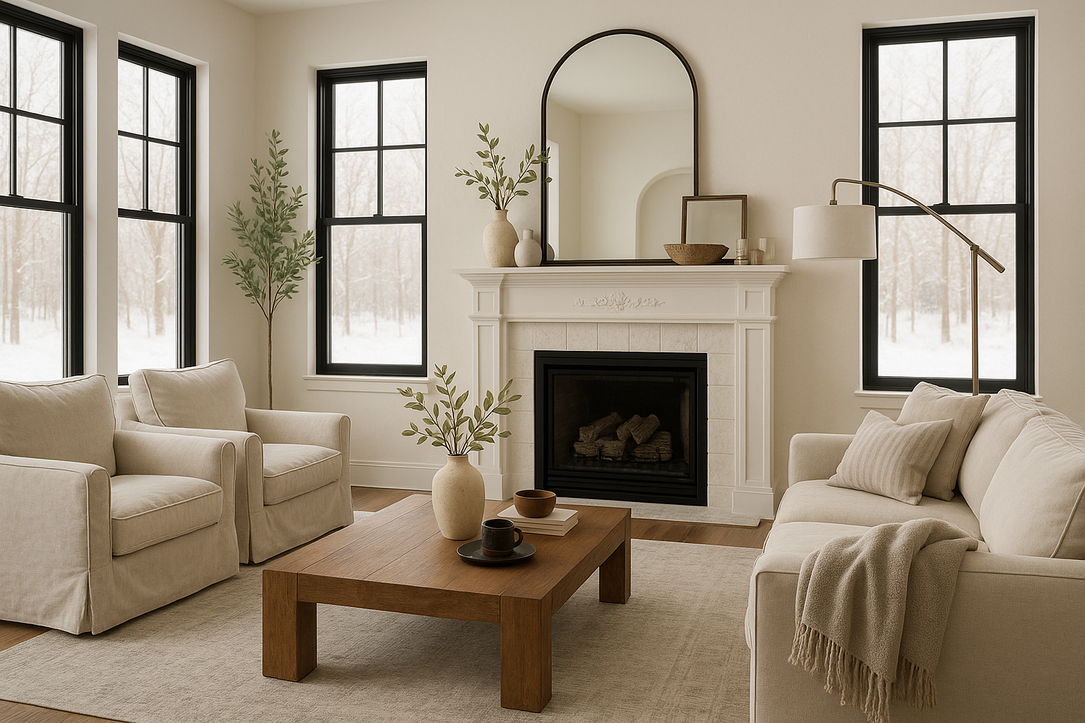 Living room with beige sofas, a wooden coffee table with vases, plants, and bowls, a fireplace with a mantle, a large mirror, a floor lamp, and snow outside visible through black-framed windows.