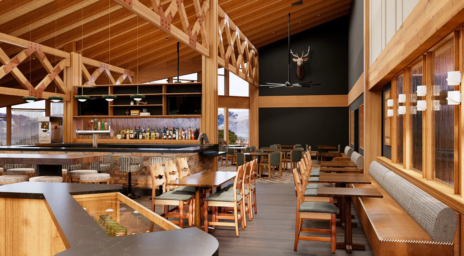 Interior of a modern rustic restaurant with wood accents, bar area, and seating options.