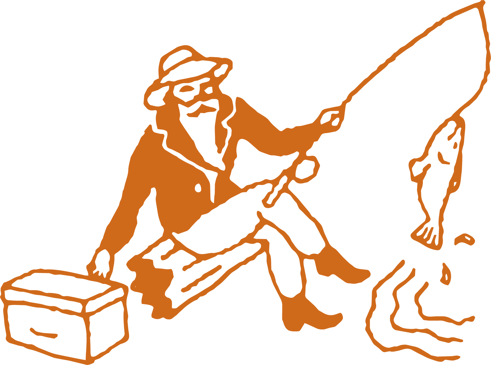 Line drawing of a man wearing a hat, glasses, and jacket, sitting on a stool, and fishing with a rod, holding a fish he caught.