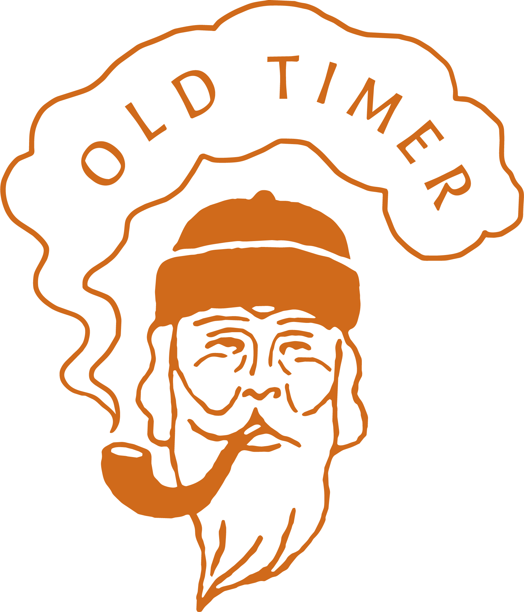 Outline of a person's face with glasses and long hair, and a broccoli stalk with the phrase 'OLD TIMER' written across it.
