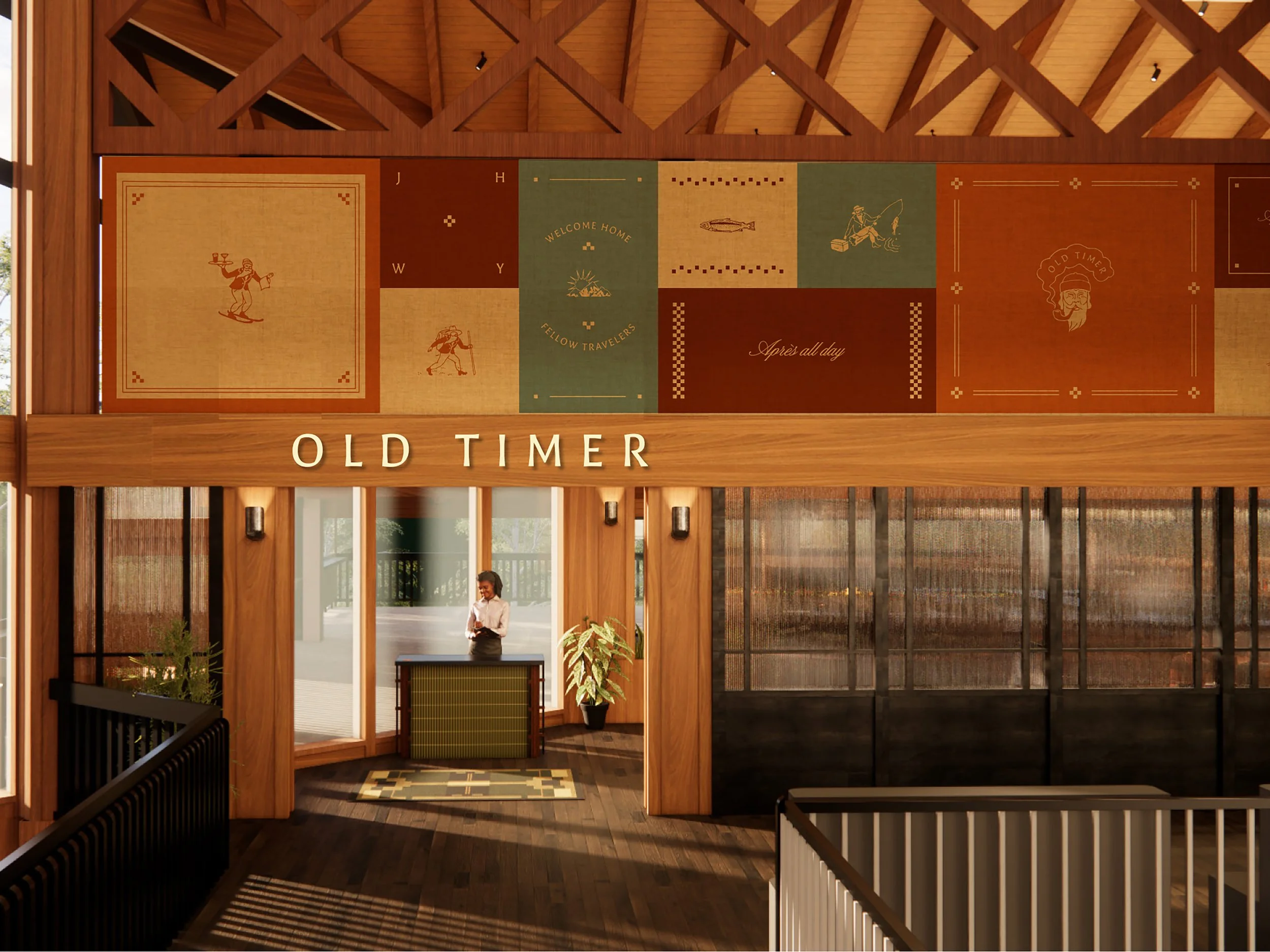Wooden entryway with a sign reading 'Old Timer' above the doorway, featuring a person standing at a reception desk inside and decorative panels with images of fishing, skiing, and a man with a beard.