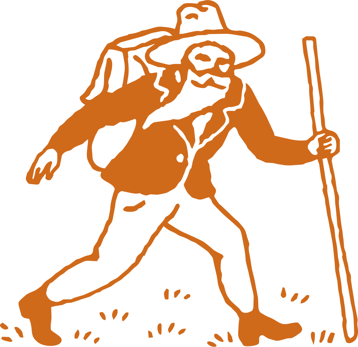 Line drawing of a man in 19th-century clothing with a broad-brimmed hat and a backpack, holding a walking stick, walking outdoors.