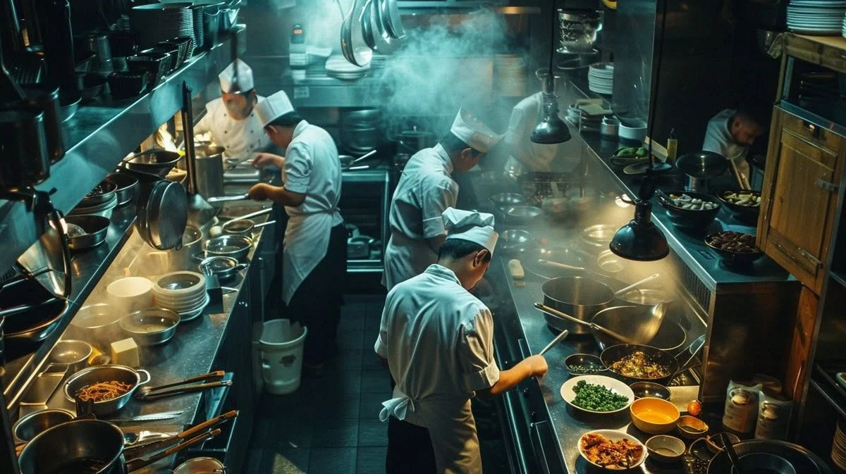 Chefs preparing food in a busy professional kitchen with various pots, pans, and ingredients on the countertops and shelves.
