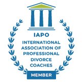 IAPO logo with a blue columned building surrounded by a laurel wreath, and the text 'International Association of Professional Divorce Coaches Member'