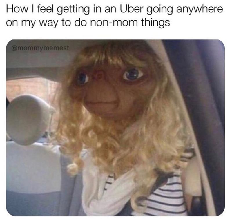 A woman wearing a striped shirt and a white scarf with long curly blonde hair sitting in the backseat of a car, with a distorted face that has exaggerated eyes and a cartoonish appearance, accompanied by the text "How I feel getting in an Uber going 