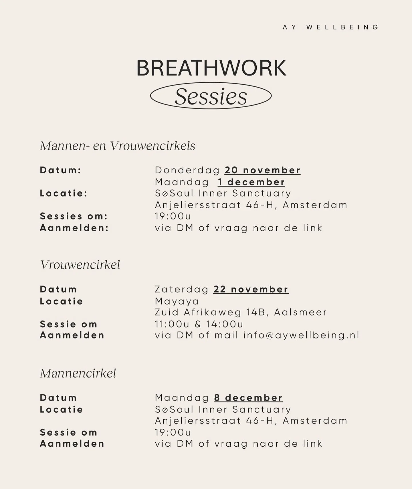Dit is voor jou als je verlangt naar meer adempauze dan afleiding✨

Voor wie en wat gaan we doen:

Wanneer je voelt dat je hoofd &rsquo;aan&rsquo; blijft, maar je lichaam vraagt om rust.&rdquo;
Tijdens de sessie gebruiken we ademtechnieken om stress 