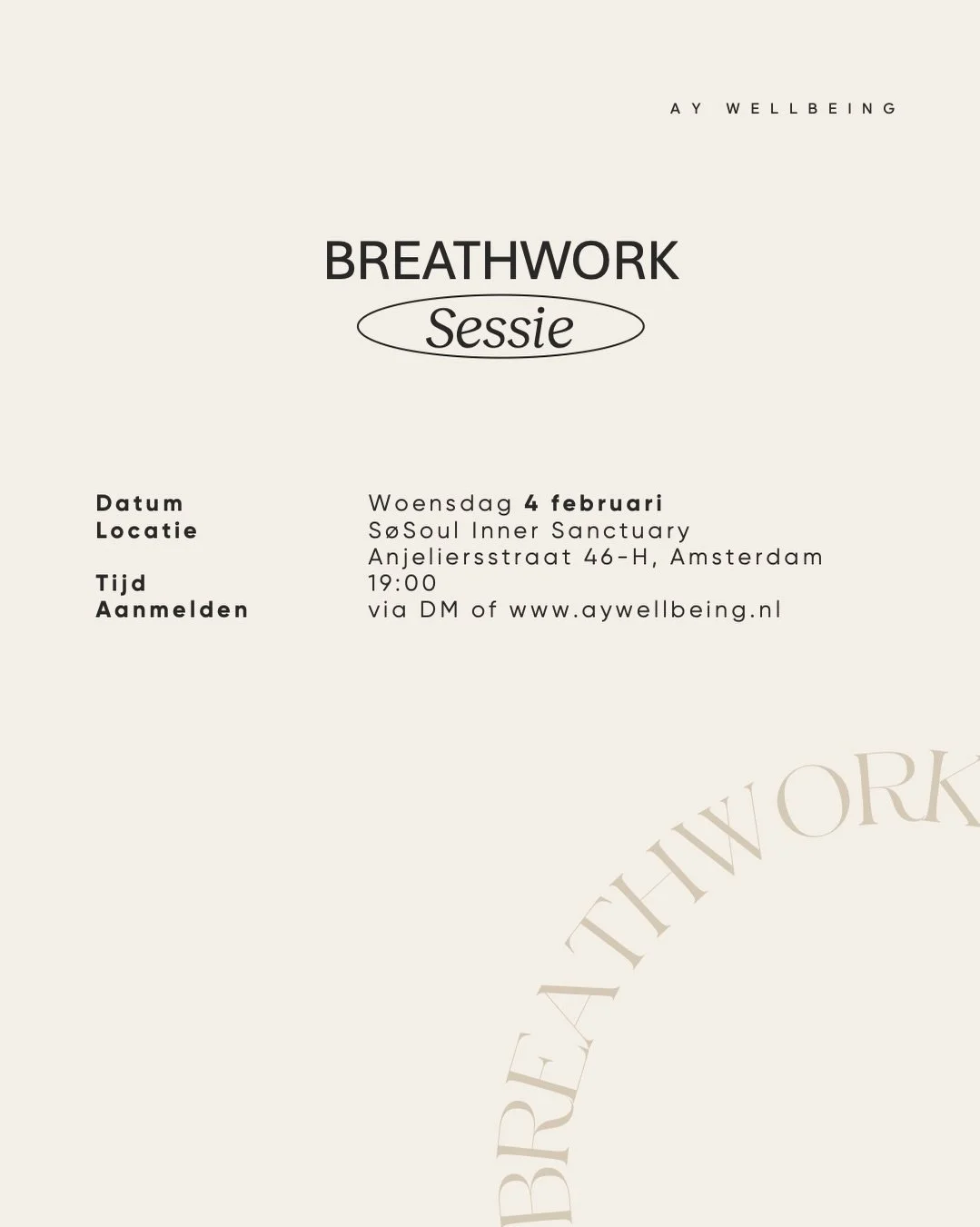💛 NIEUWE DATA!
Dit jaar is het extra overzichtelijk en rustig:
👉 elke eerste woensdag van de maand
👉 om 19:00 uur
👉 vaste breathworksessies

Zo weet je precies waar je aan toe bent en geeft het je iets om naar uit te kijken 🌿

📅 Nu al te boeken