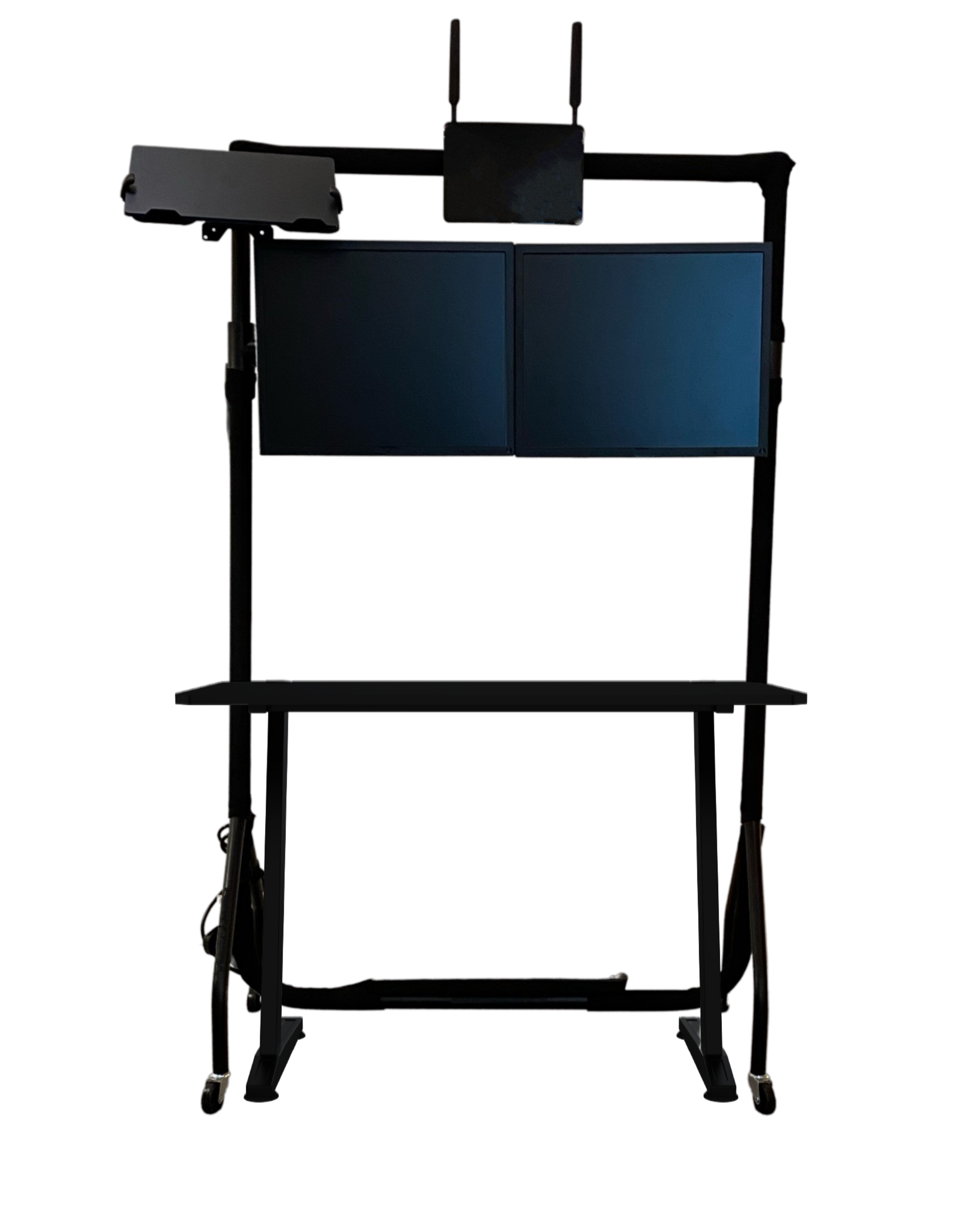 Floating monitors with a fully adjustable desk. Full sit stand functionality and easy to move.