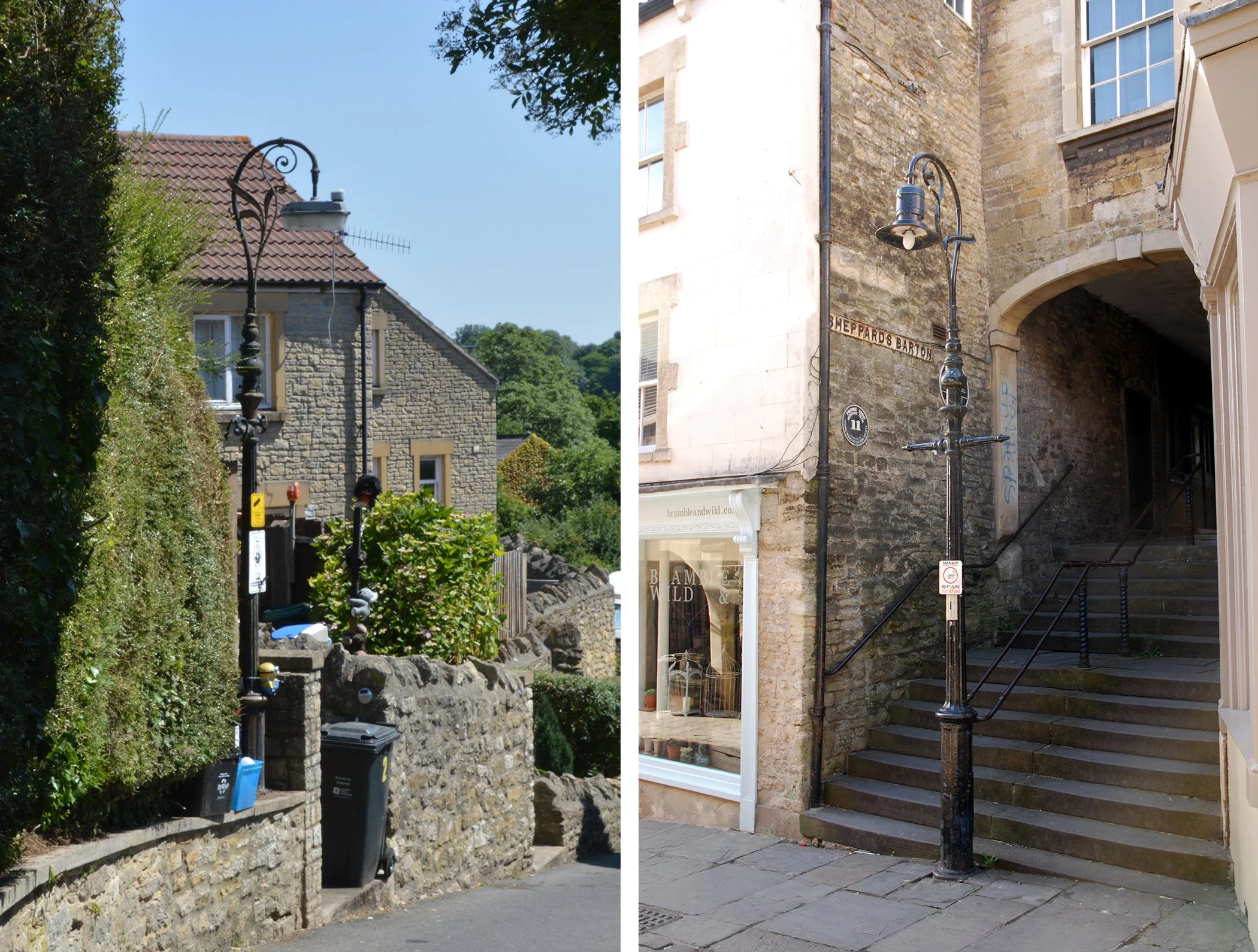  CASTLE STREET & CATHERINE HILL 
Left pic: located on Castle Street as it slopes down towards the town. Right pic: sits on Catherine Hill at the bottom of Sheppards Barton steps.
