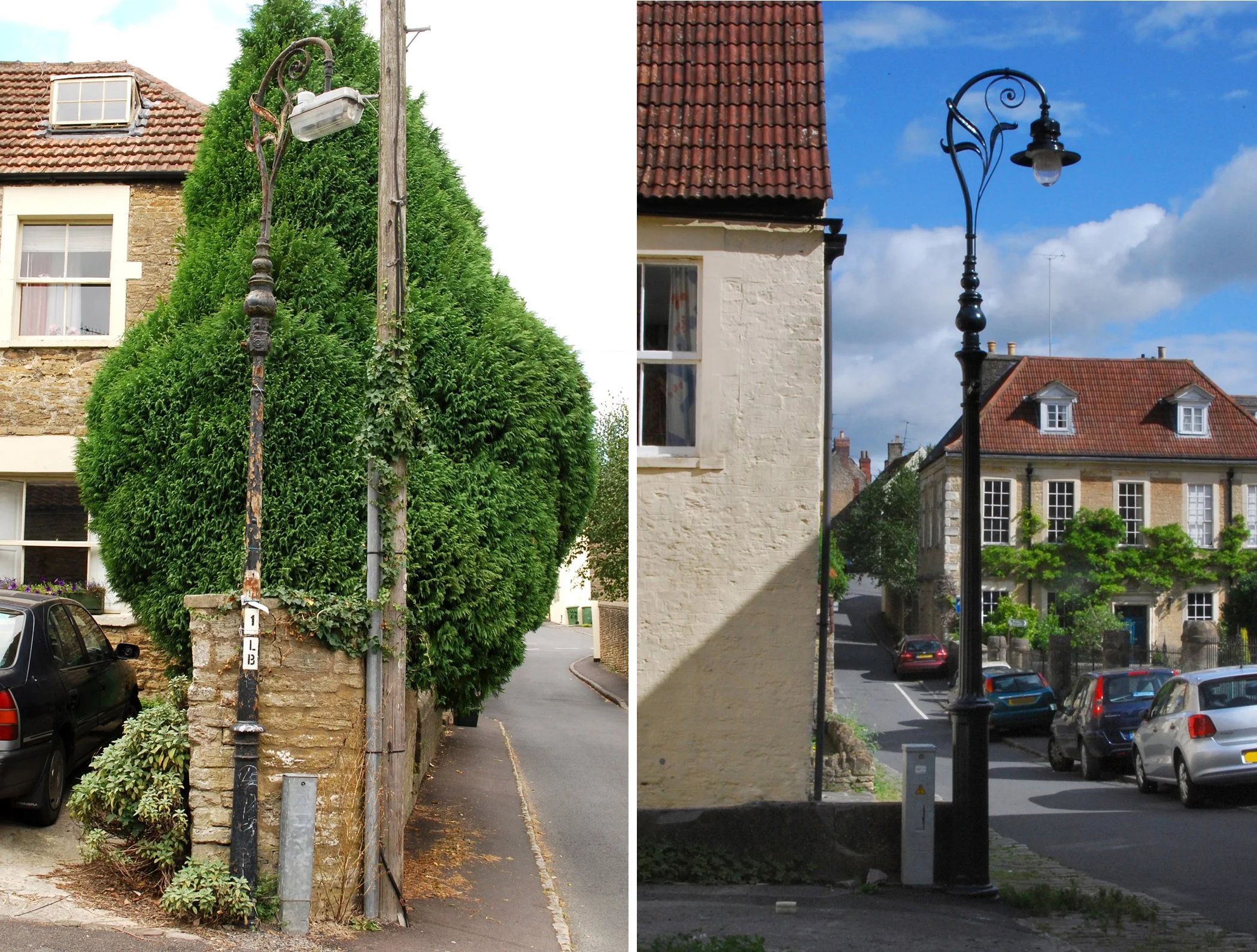  WHITTOX LANE & WHITTOX LANE 
Left pic: this lamp is at the junction of Whittox Lane & Sun Street. Right pic: another damaged but fully restored lamp opposite Zion Chapel.
