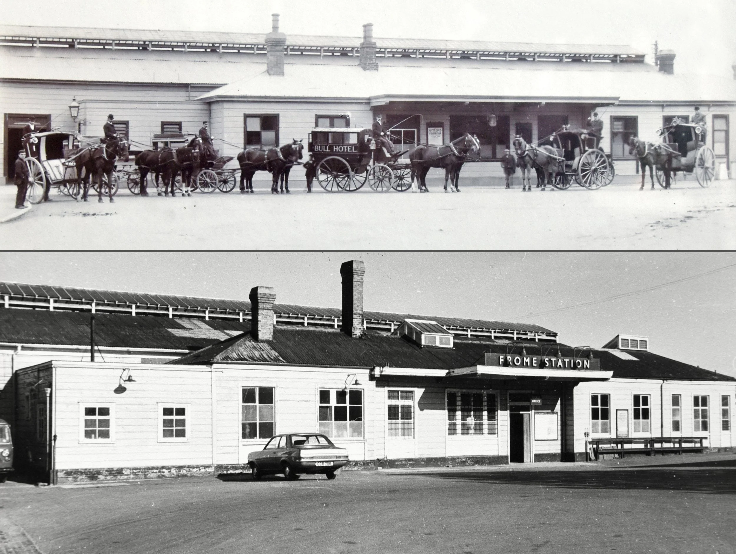  FROME RAILWAY -  
The station was designed by one of Brunel’s assistants, TR Hannaford, and opened in 1850. It is the only country station left with an original all over Brunellian roof which makes it unique and is now a Grade II listed building.
