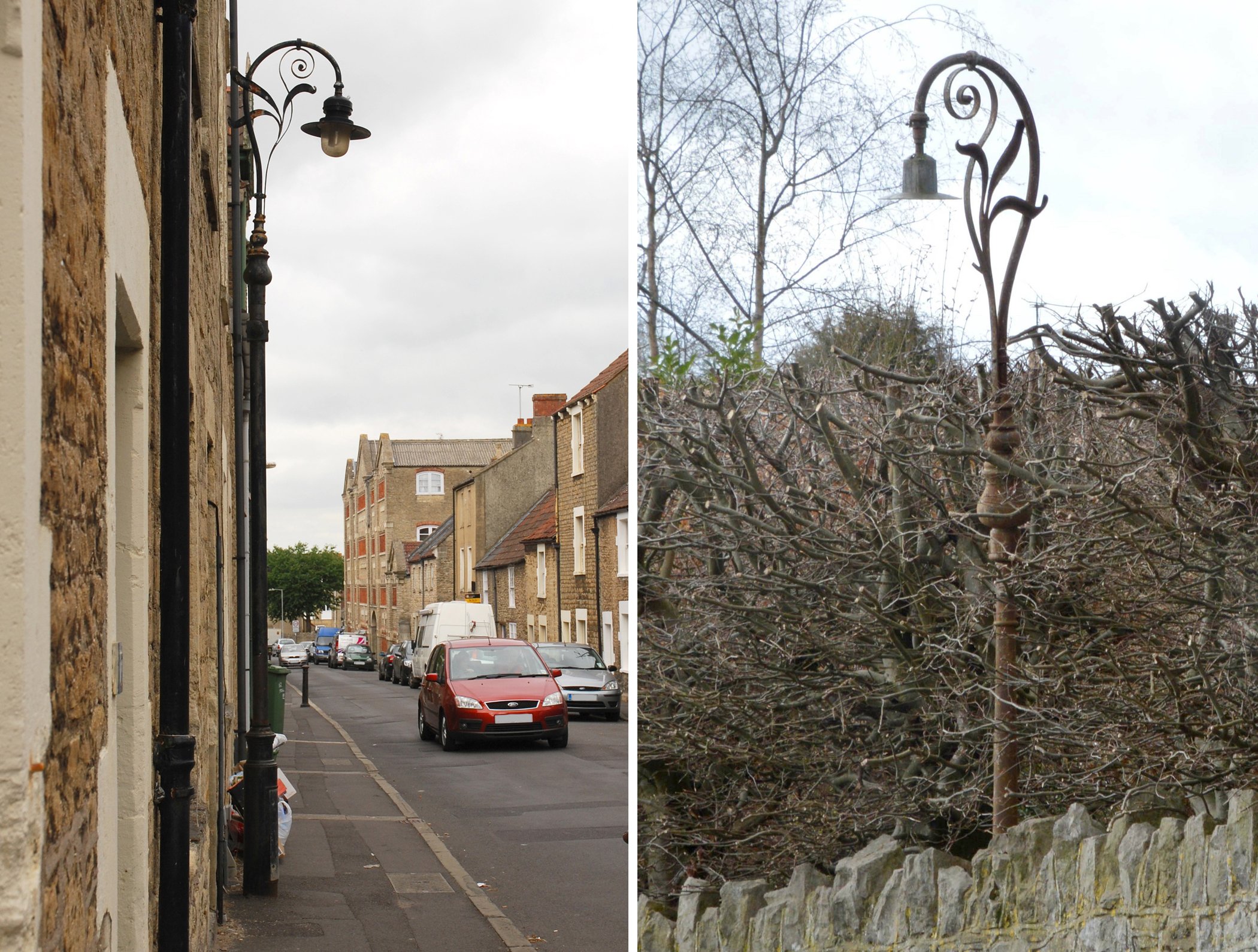  SELWOOD ROAD & STEVENS LANE 
Left pic: this is tucked against the houses in Selwood Road. Right pic: this recently discovered derelict lamp was hidden in the hedge.
