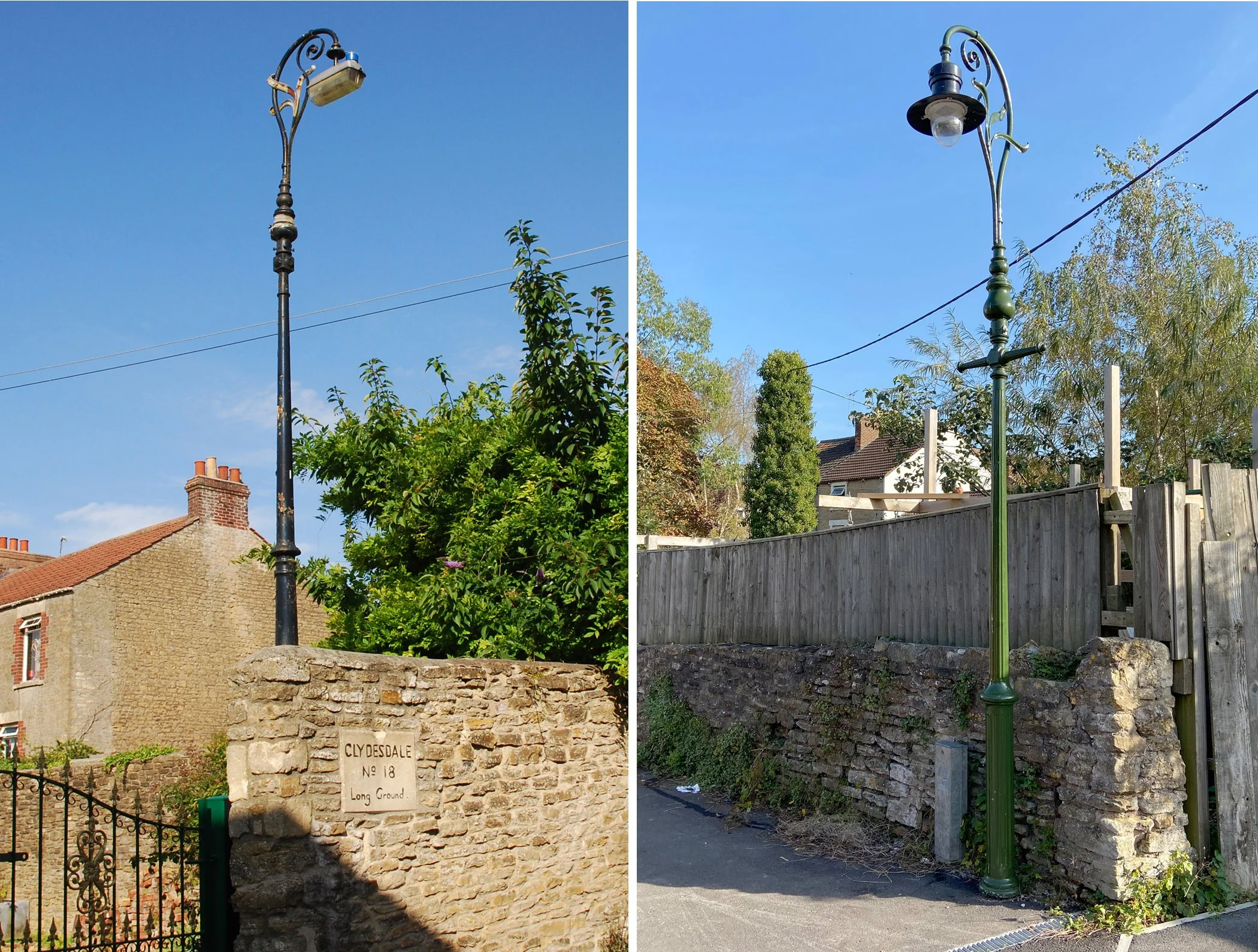  LONG GROUND & LOWER KEYFORD 
Left pic: sited inside the garden of Clydesdale. Right pic: the second refurbished lamp just off Lower Keyford on path to Cherry Grove.
