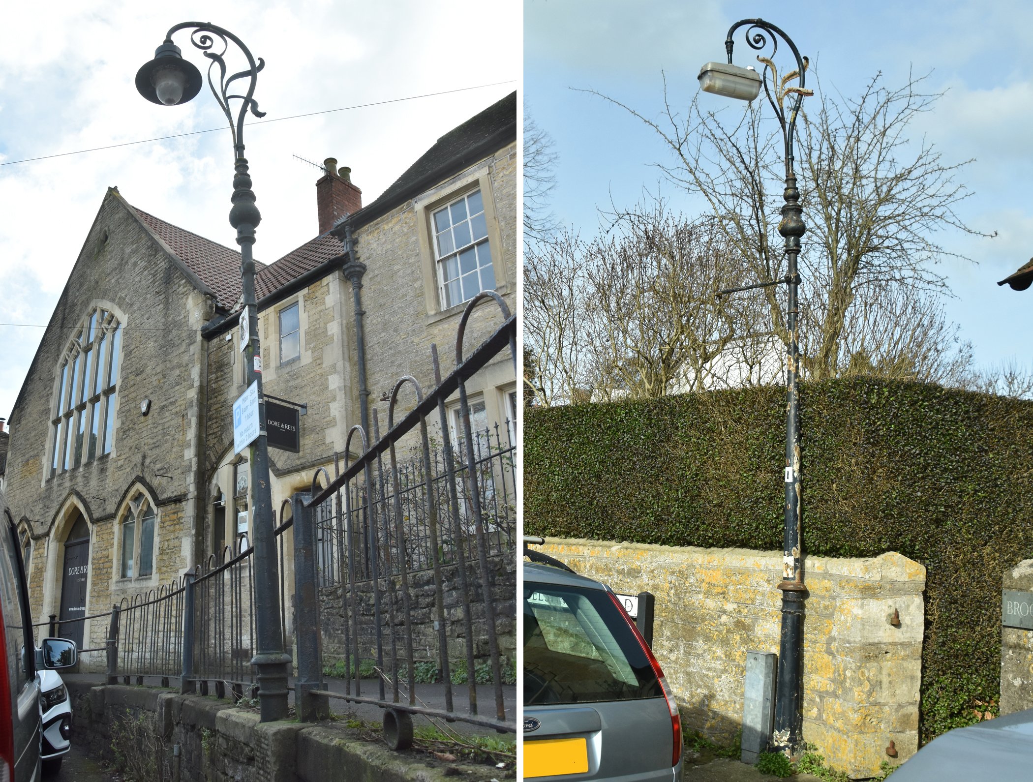 VICARAGE STREET & WELSHMILL ROAD 
Left pic: this lamp is on the raised pavement next to the auction rooms. Right pic: sited on Welshmill Road.
