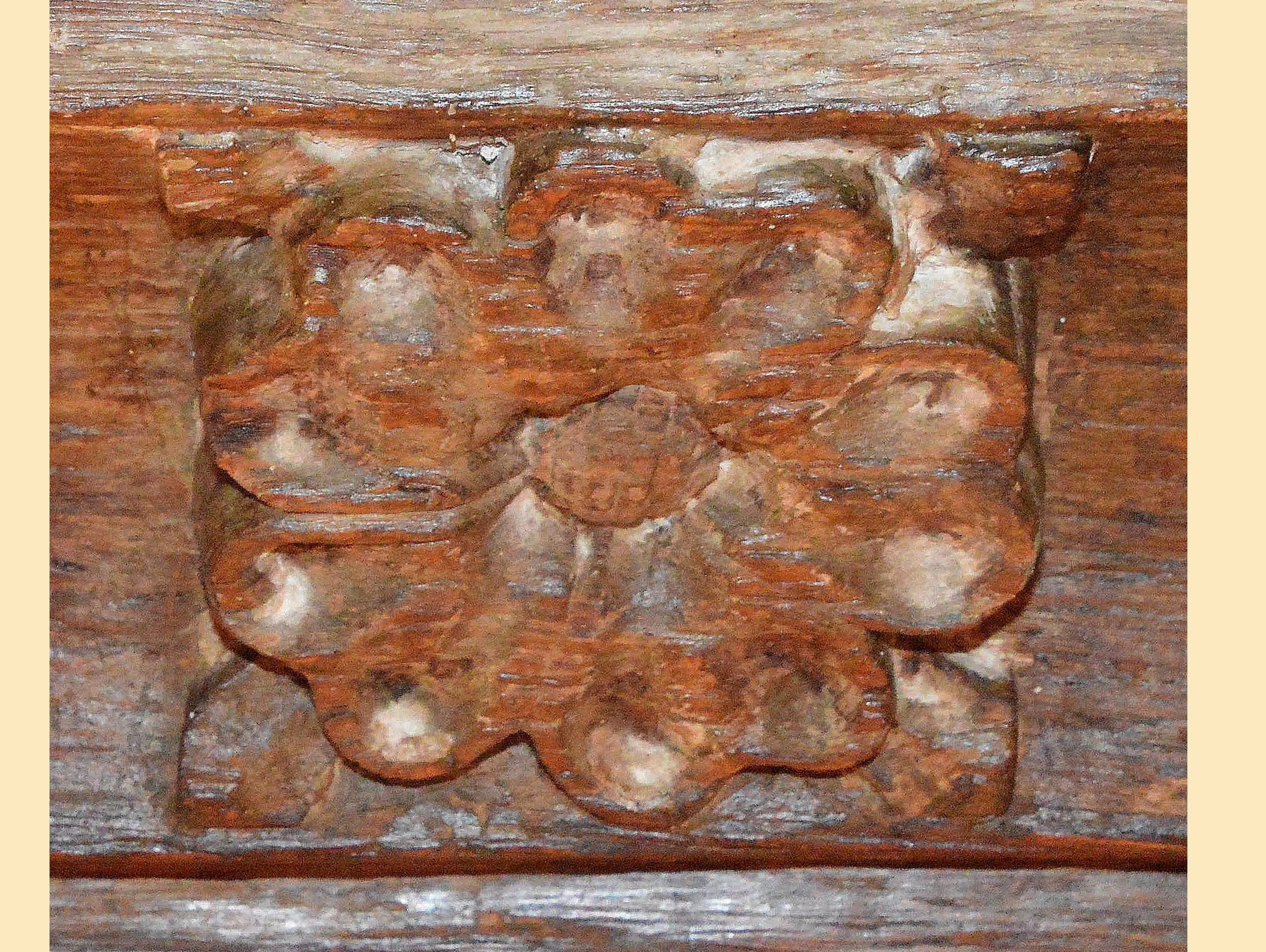  TUDOR ROSE -  
This carved wooden rose, together with others of slightly different designs, can be seen on the rafter inside and above the window in the (now closed) premises of Amica in Cheap Street.
