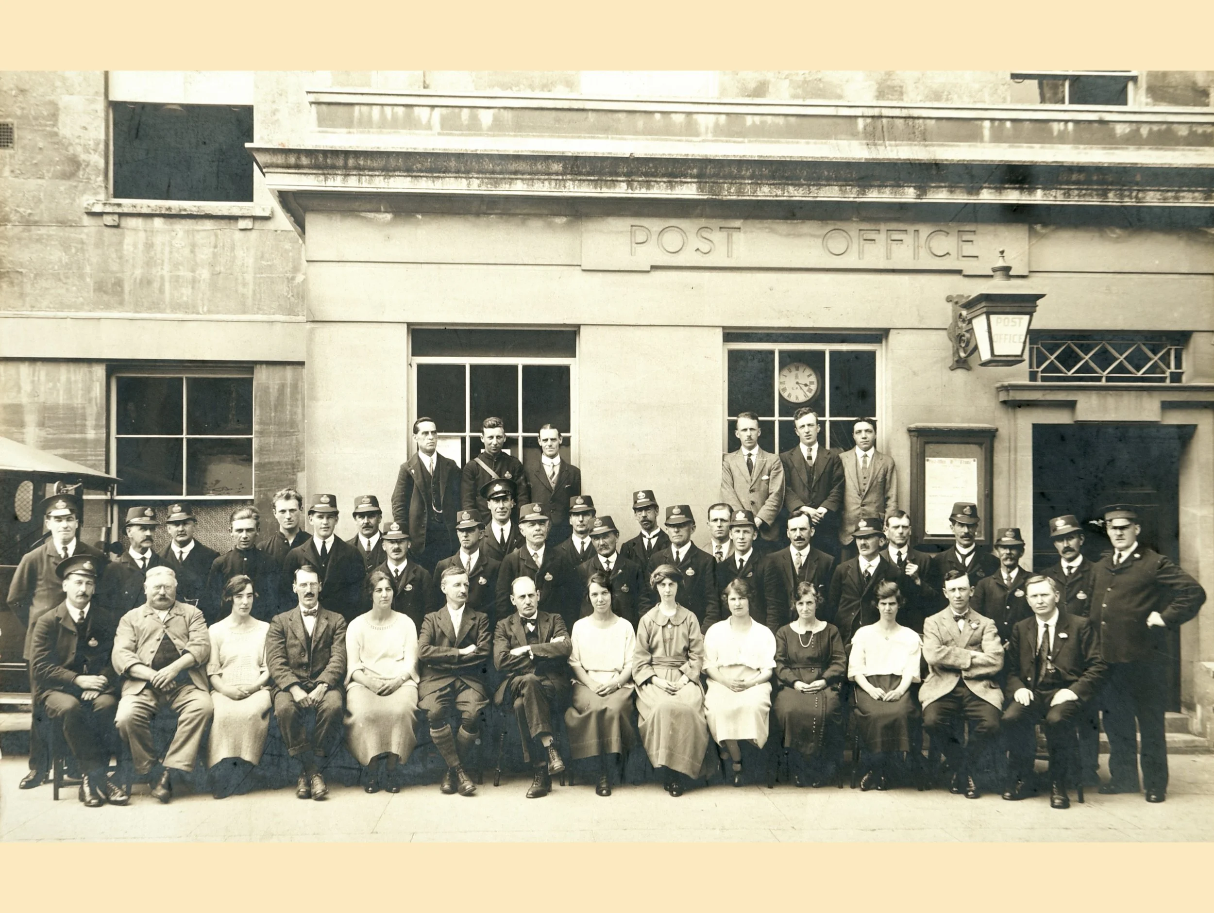  POST OFFICE STAFF -  
This wonderful photograph of the staff of the Post Office is at the premises they moved to in the Market Place in 1914. Prior to that they were at 6 Bath Street. The building in the photo is now a coffee bar and there is no Pos