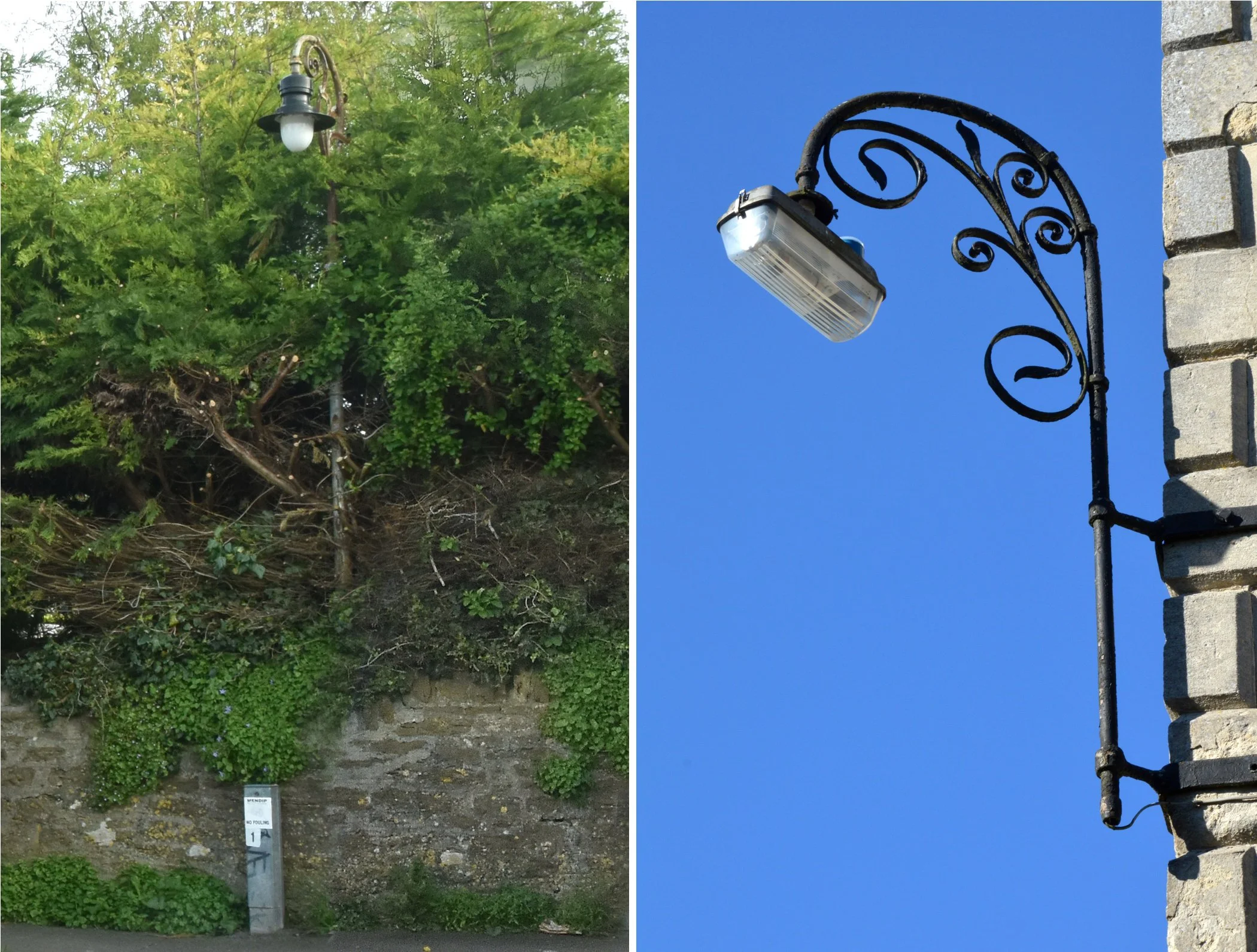  REDLAND TERRACE & ROOK LANE 
Left pic: sited at the start of Redland Terrace near the Cooperage tucked in the hedge. Right pic: this lamp is fixed on the wall of Rook Lane Chapel.
