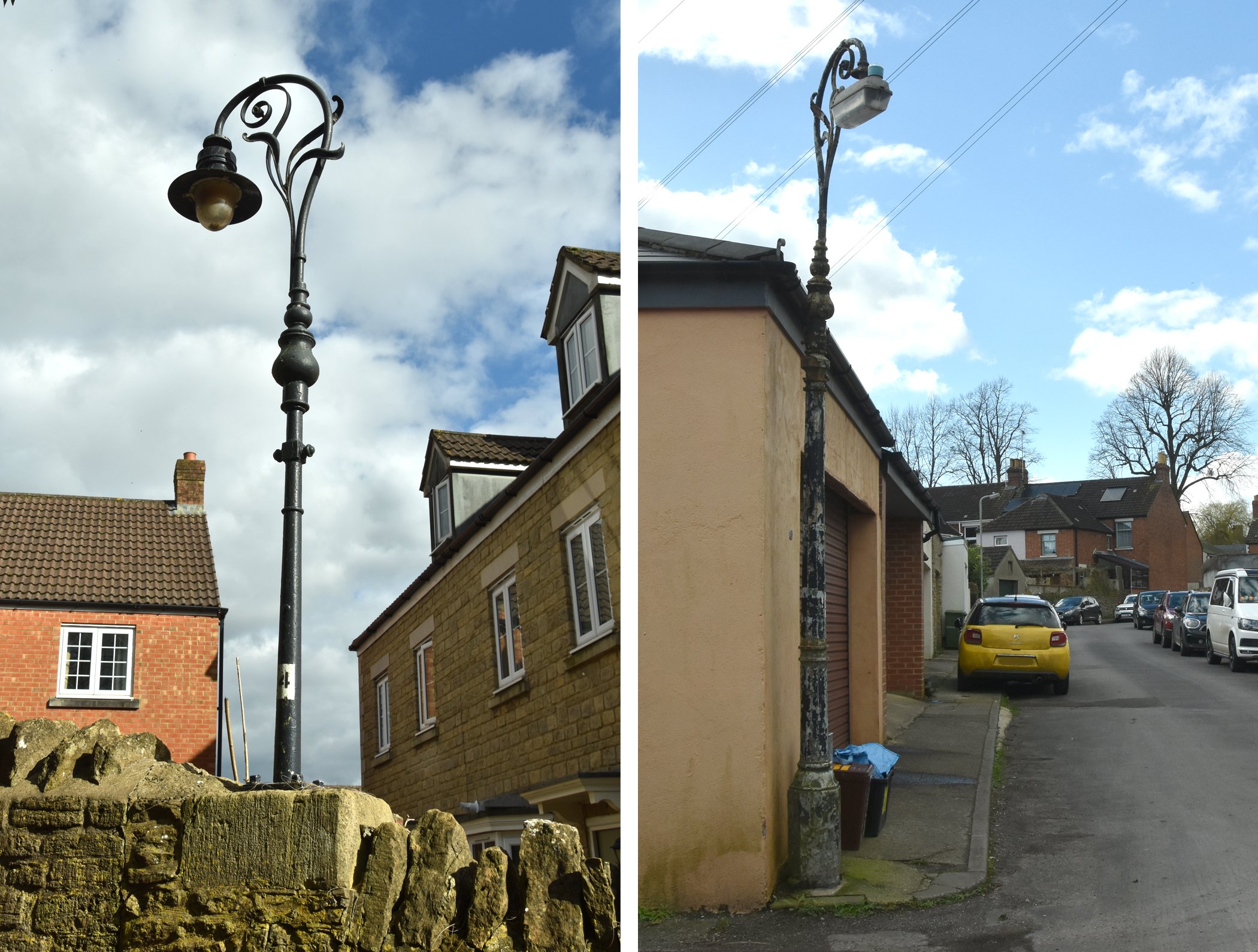  ADDERWELL & AVENUE ROAD  
Left pic: This one in Adderwell Road is set in the wall. Right pic: Avenue Road lamp.

