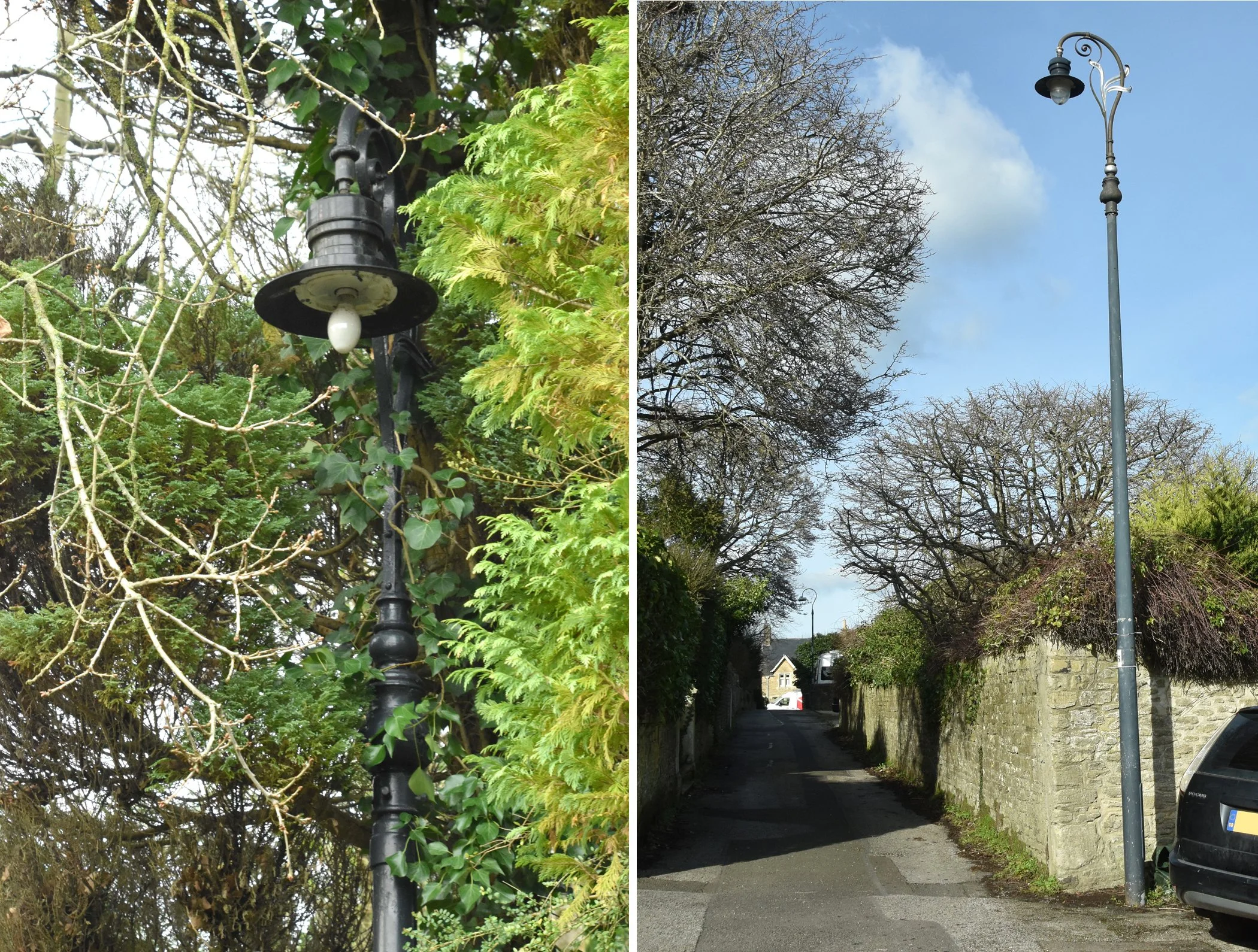  WEST END & WEST END 
Left pic: Another fairly recently discovered lamp near an electricity unit surrounded by foliage. Right pic: This lamp was restored after being damaged using a steel column.
