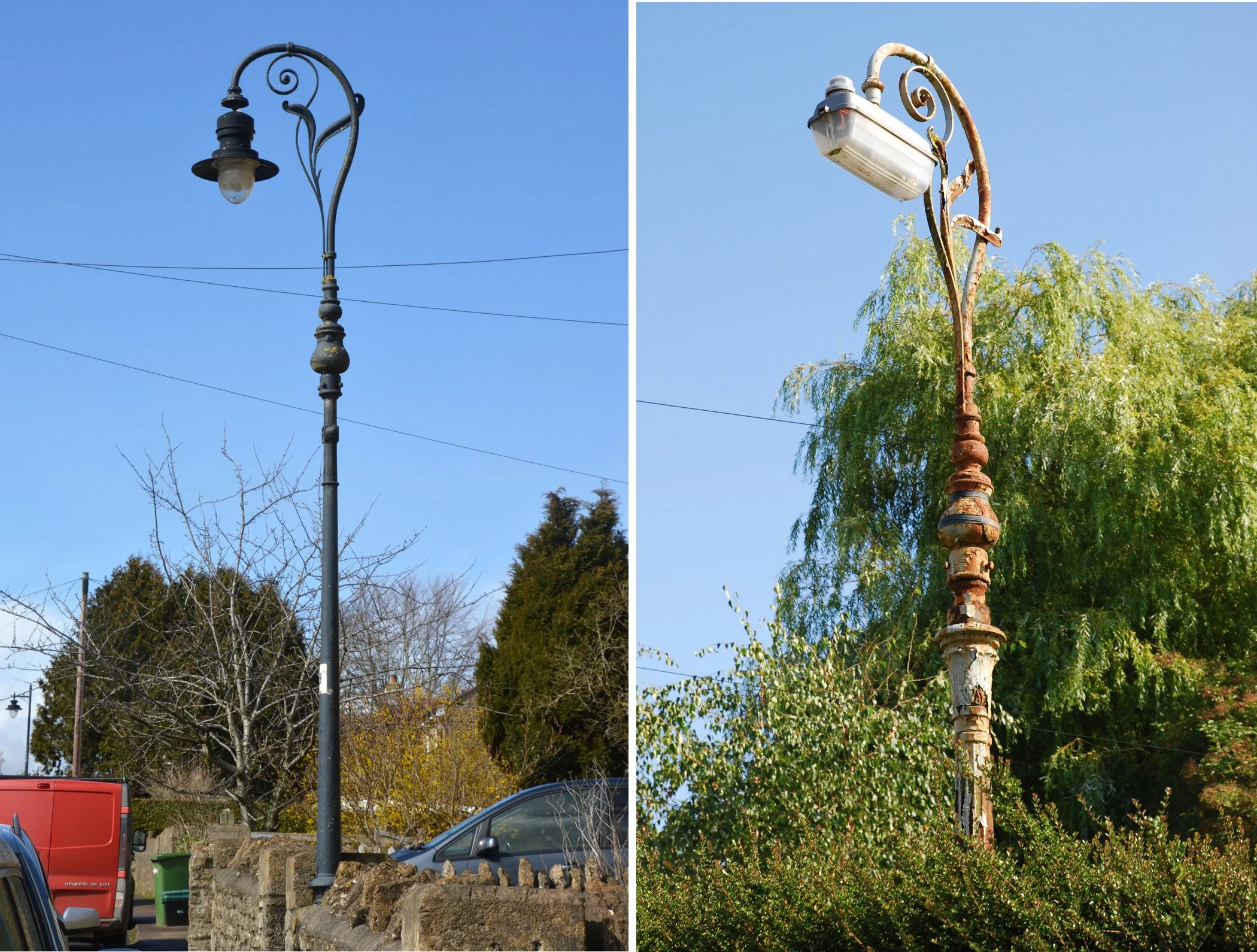  LONG GROUND & LONG GROUND 
Left pic: the first of three lamps in Long Ground from Locks Hill end set in the wall. Right pic: sited in a private garden but lighting the pavement.
