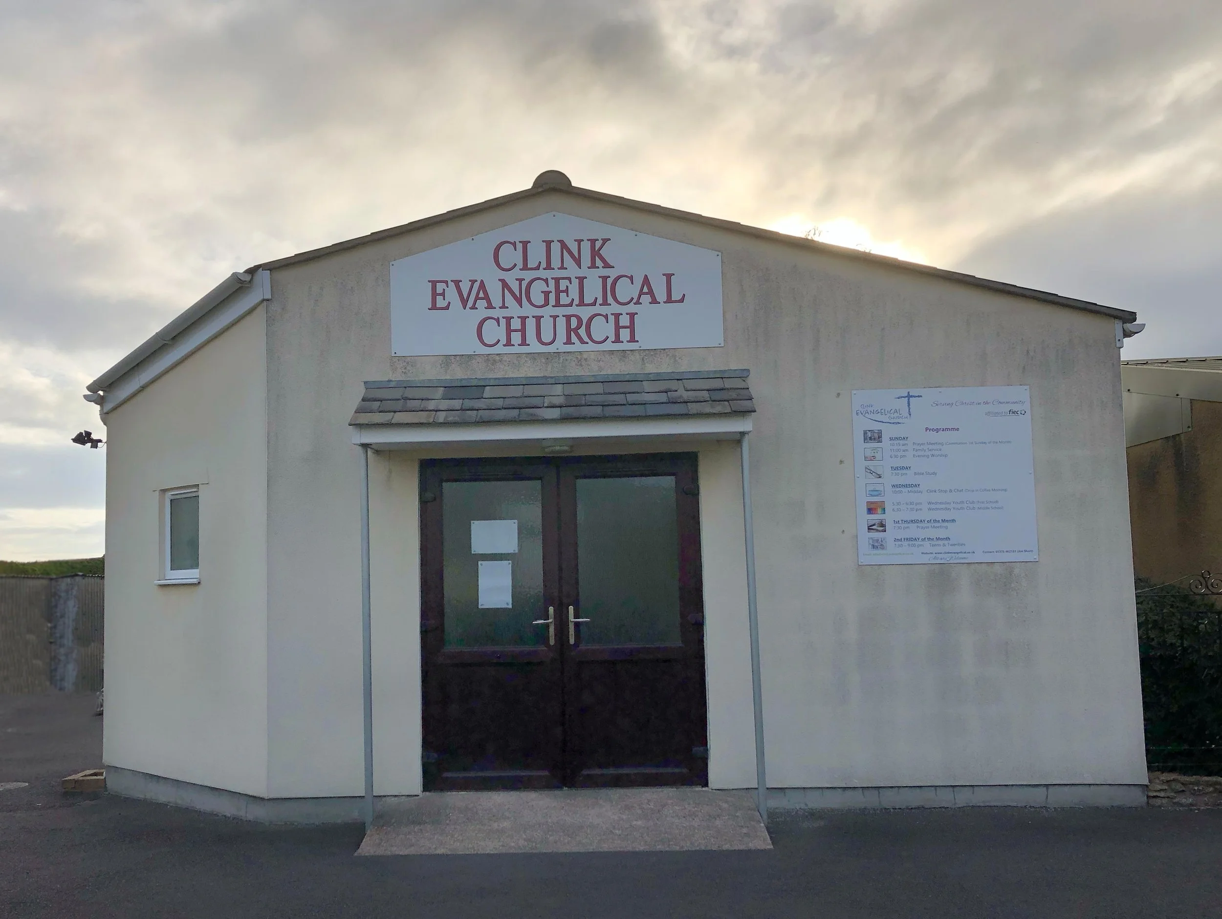  CLINK EVANGELICAL CHURCH 
This church began in 1976 with a Sunday School held in a corrugated tin garage. In 2010 planning permission was granted, to build a new church next to the old one.
