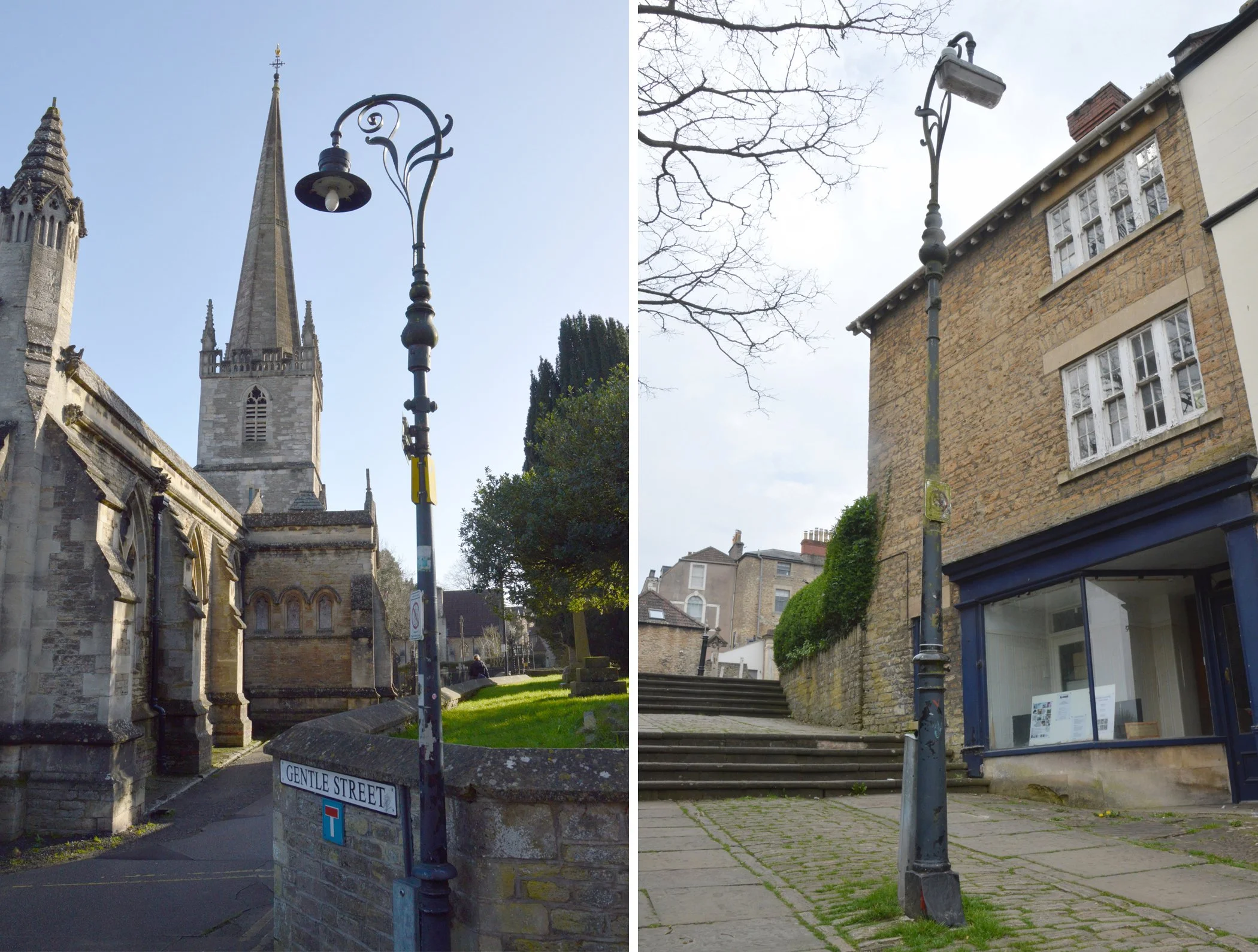  ST JOHNS FORECOURT & ST JOHNS STEPS 
Left pic: this lamp is at the bottom of Gentle Street in St Johns forecourt. Right Pic: this lamp is on the steps leading to Church Street.
