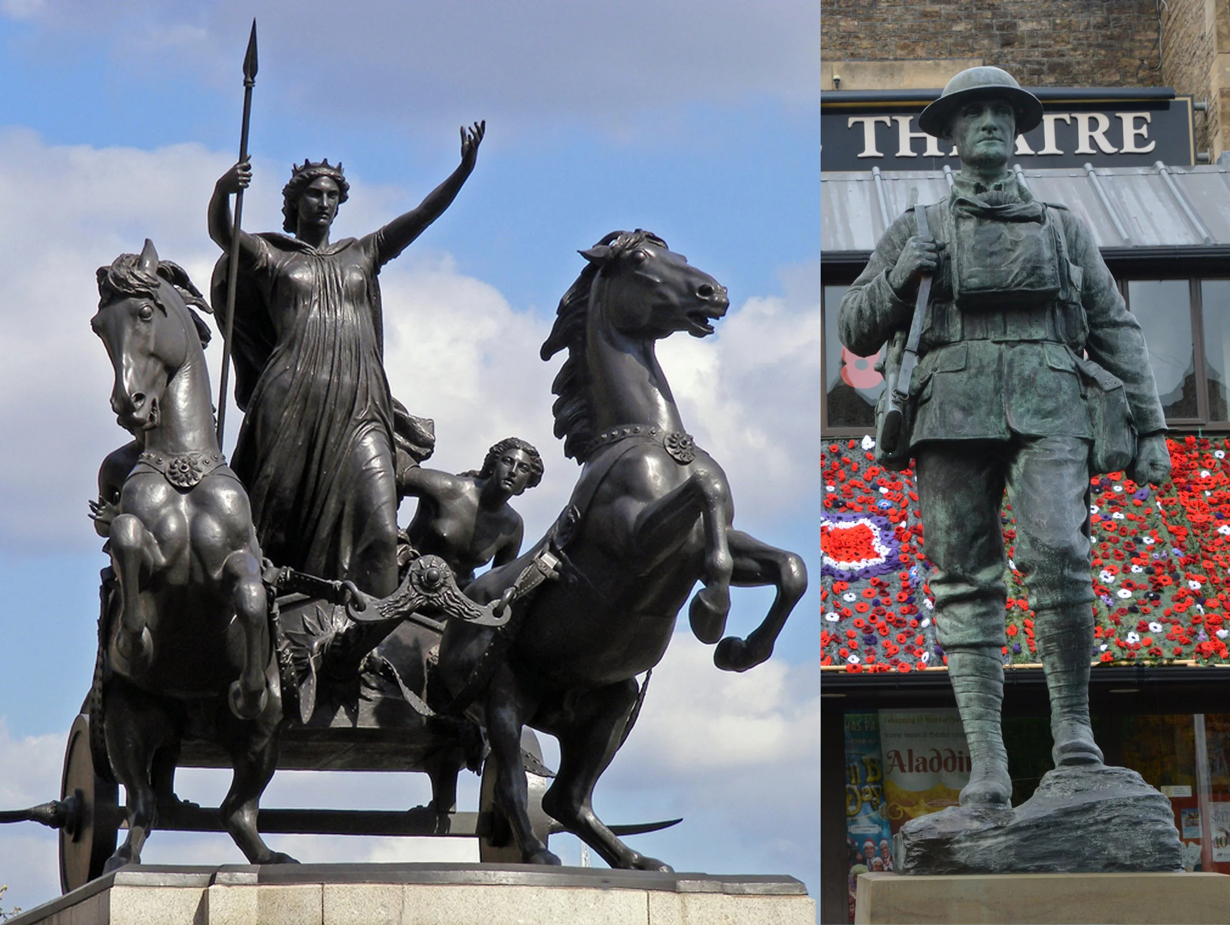  BOADICEA - CHARLIE ROBBINS -  
Just two of the many well-known items produced by Singers. Boadicea on her chariot sits opposite the House of Commons in London and Singer’s employee, Charlie Robbins, was the model for this WW1 soldier standing proudl