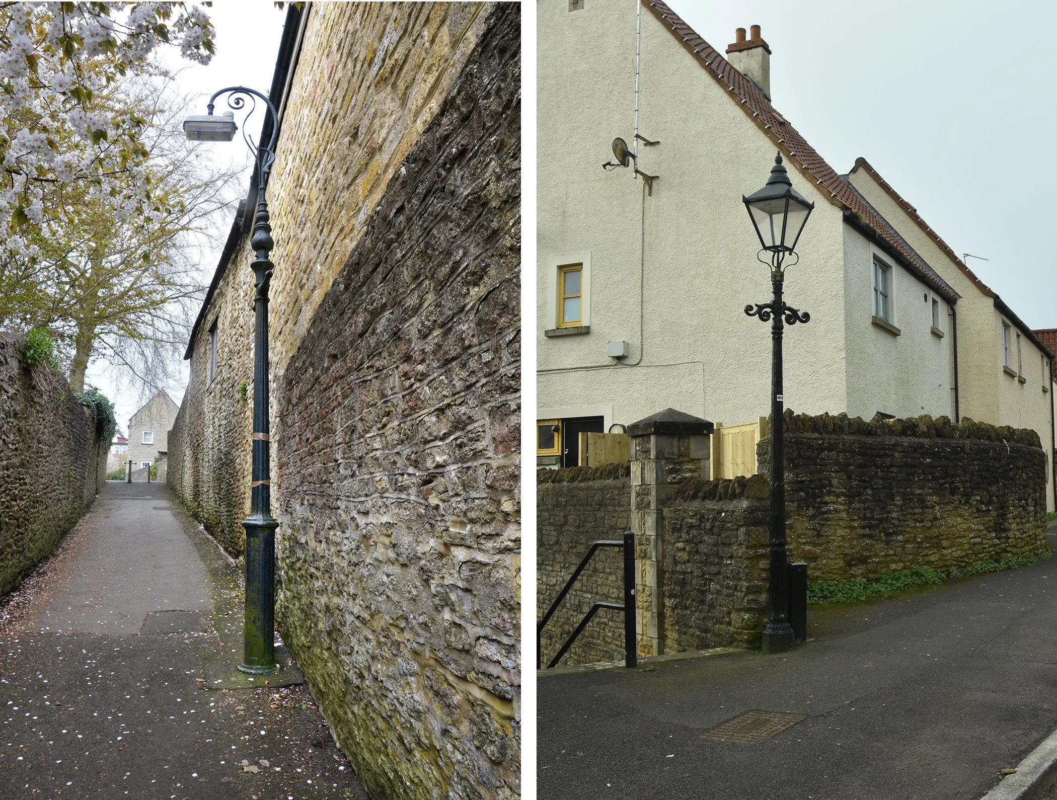  BLIND HOUSE LANE & CASTLE STREET 
Left pic: Blind House Lane goes from St John's Church to Christchurch Street East. Right pic: This lamp is part way along Castle Street.
